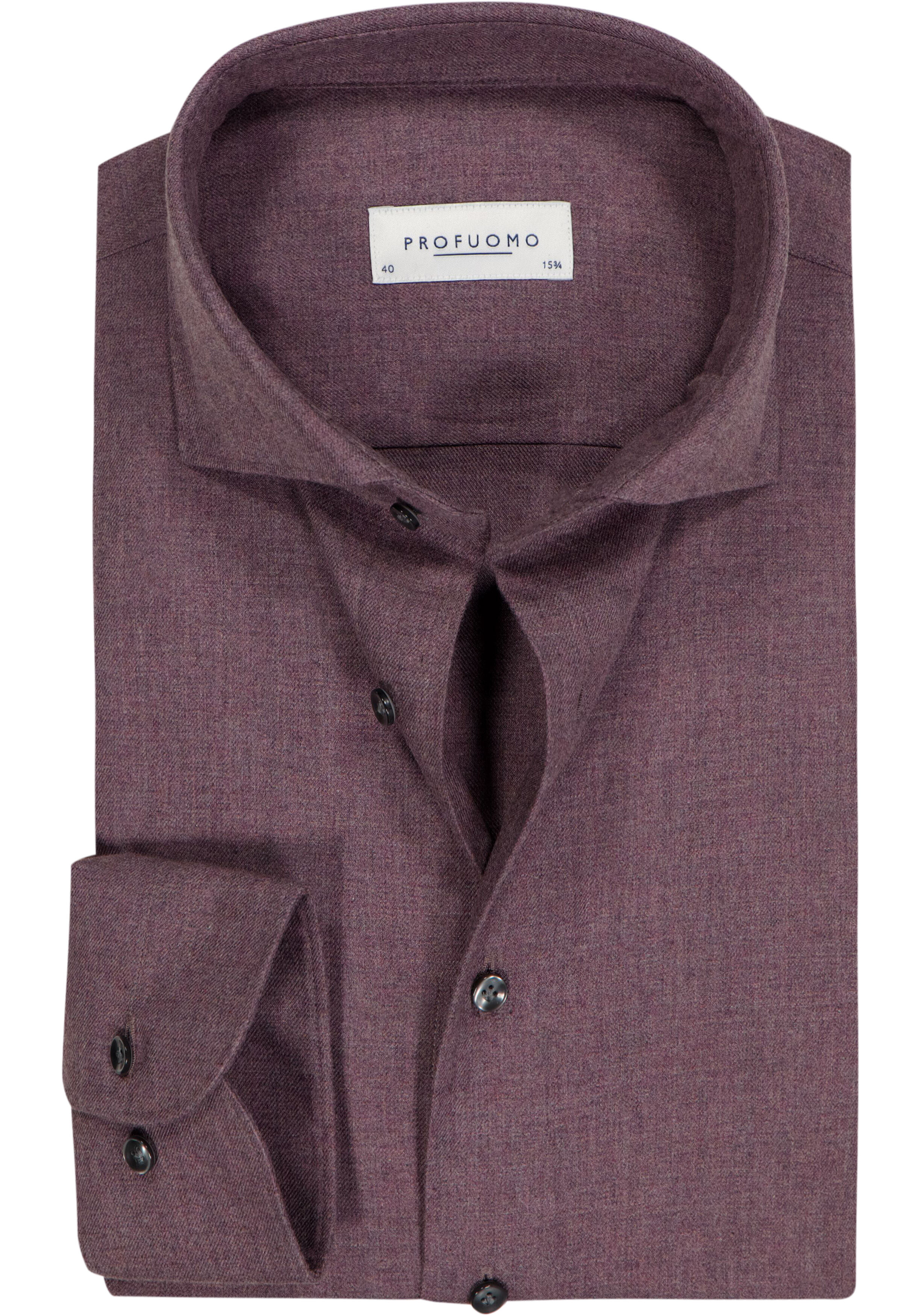 Profuomo slim fit heren overhemd, flanel, aubergine paars