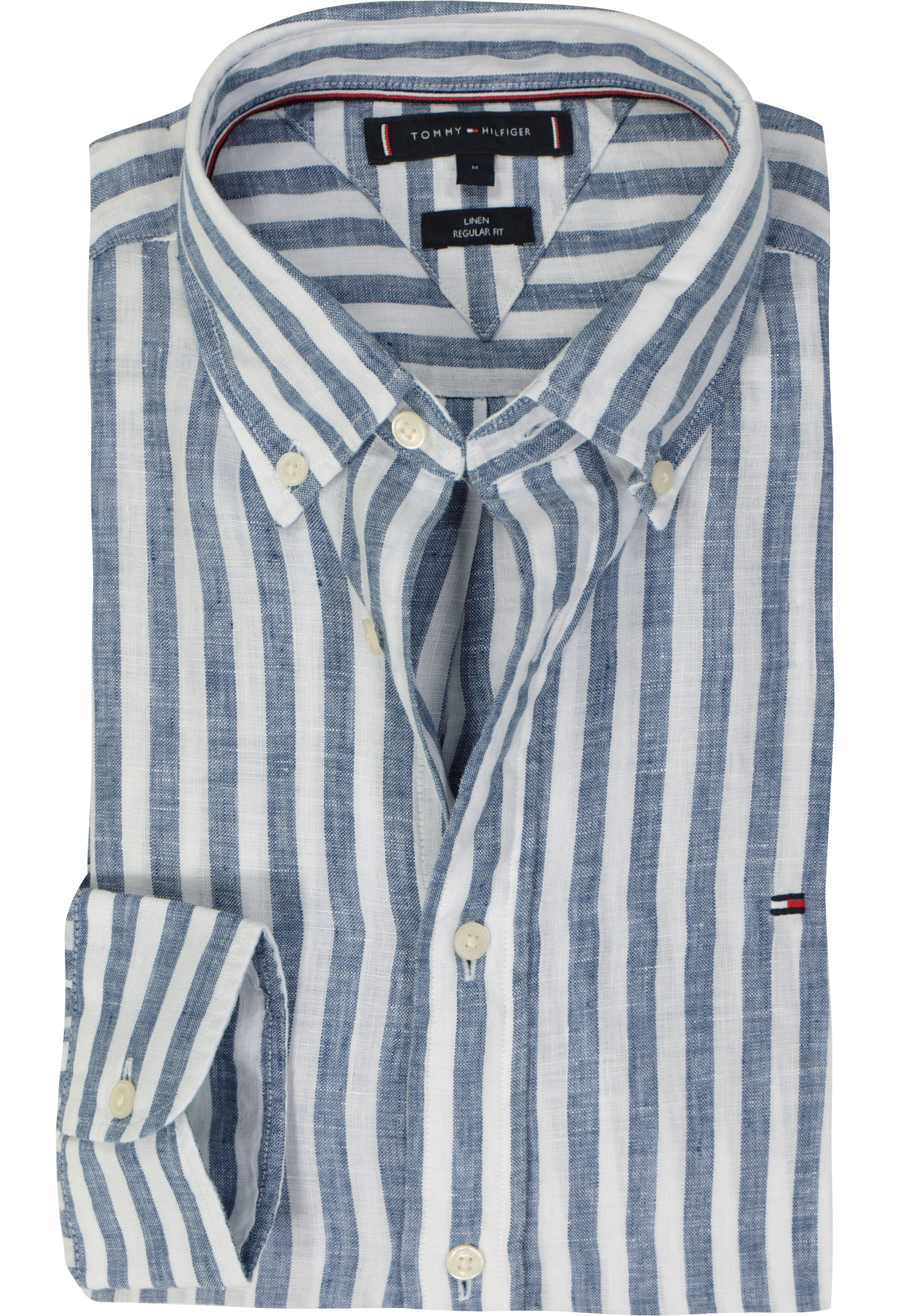 Tommy Hilfiger Linen Essential Regular Fit Shirt, structuur, donkerblauw met wit gestreept