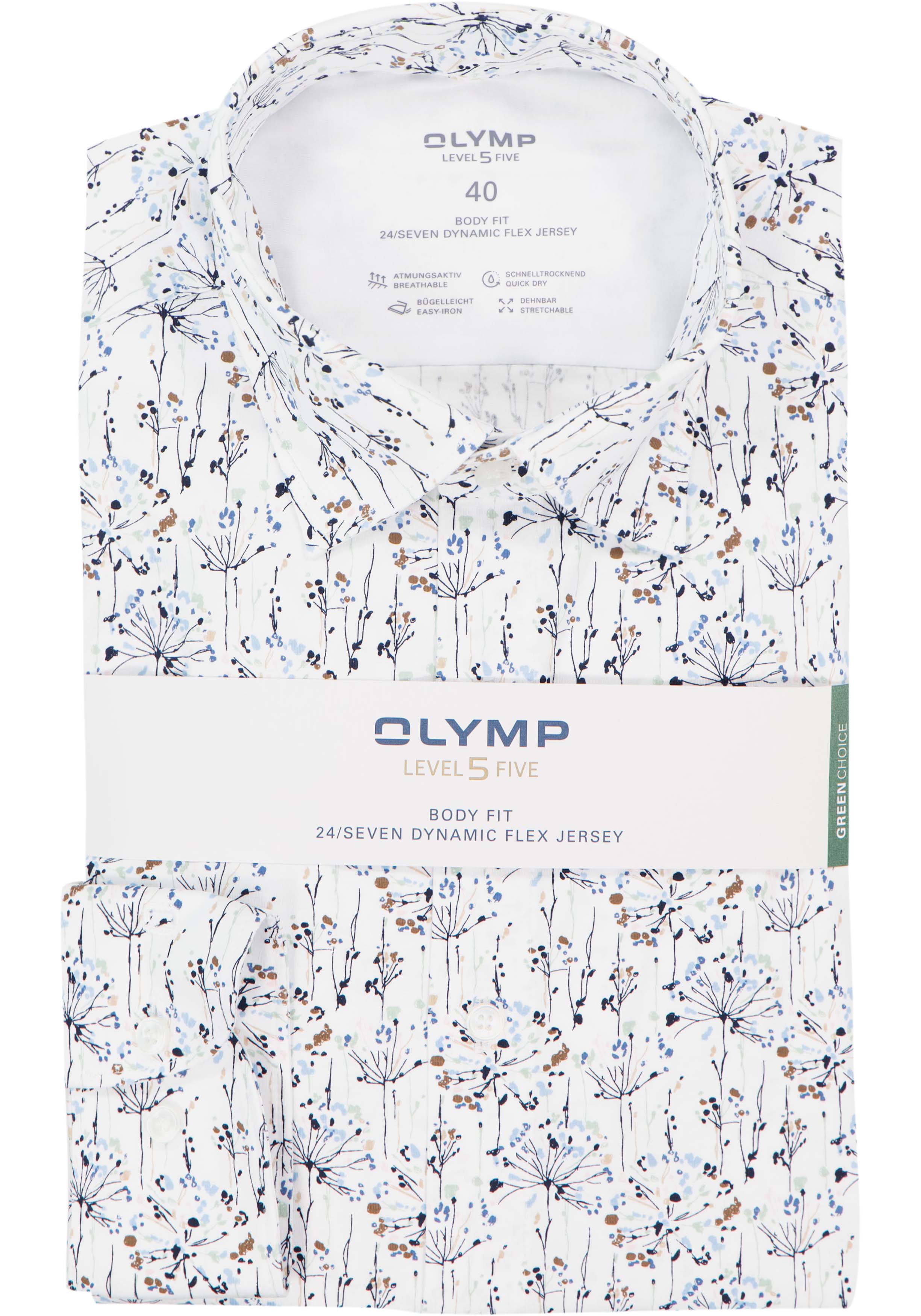 OLYMP 24/7 Level 5 body fit overhemd, tricot, wit met blauw en groen dessin