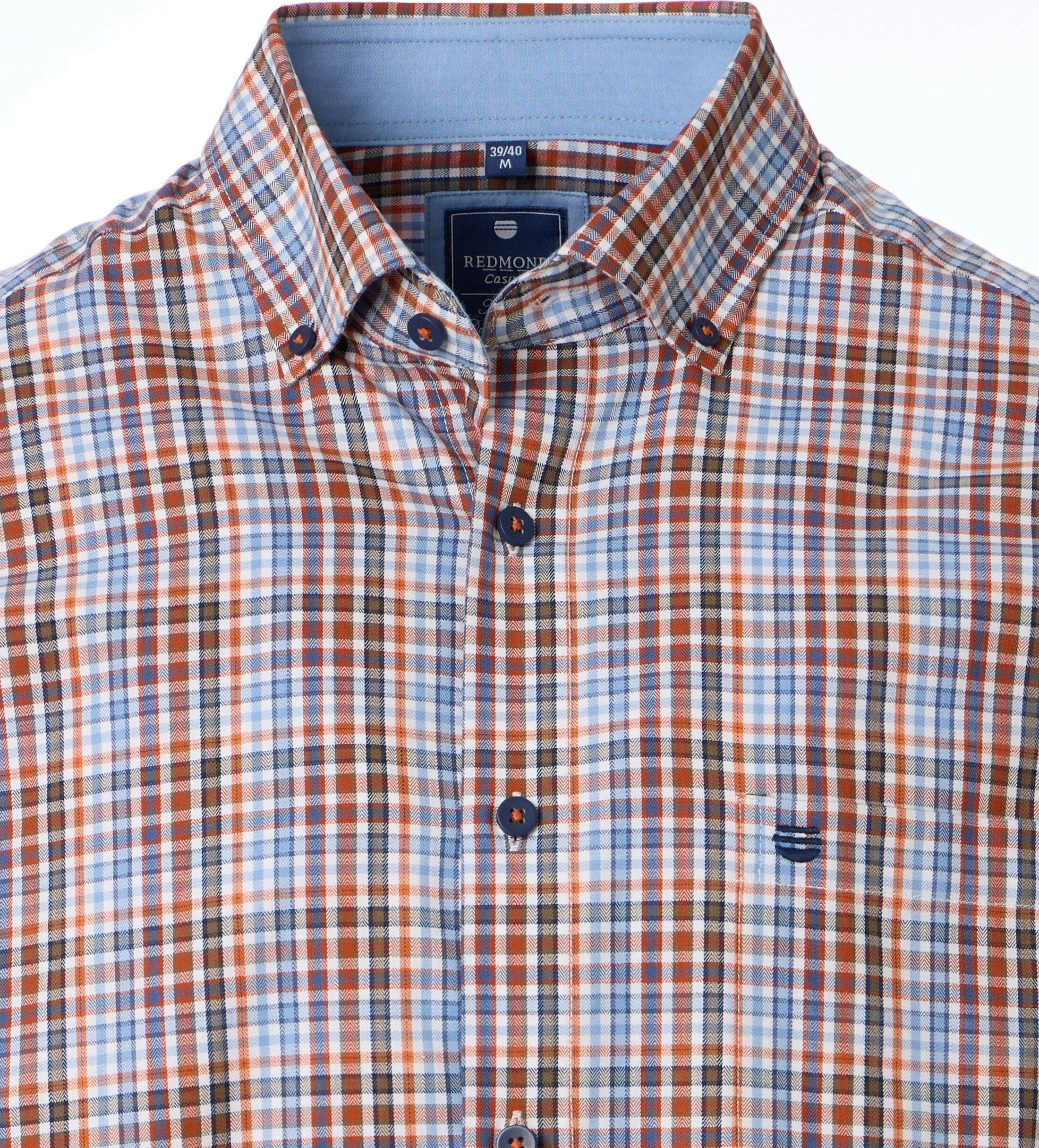 Redmond modern fit overhemd, twill, oranje, lichtblauw, wit, donkerblauw geruit