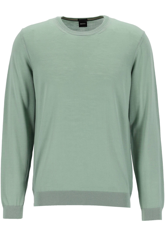 BOSS Leno slim fit trui wol, heren pullover middeldik O-hals, groen BOSS Leno slim fit trui wol, heren pullover middeldik O-hals, groen