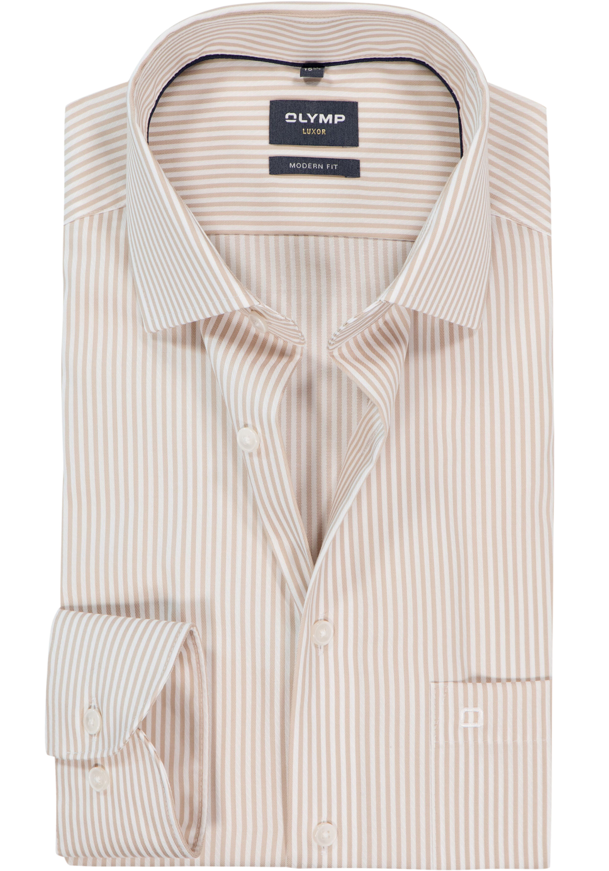 OLYMP Luxor modern fit overhemd, popeline, beige met wit gestreept