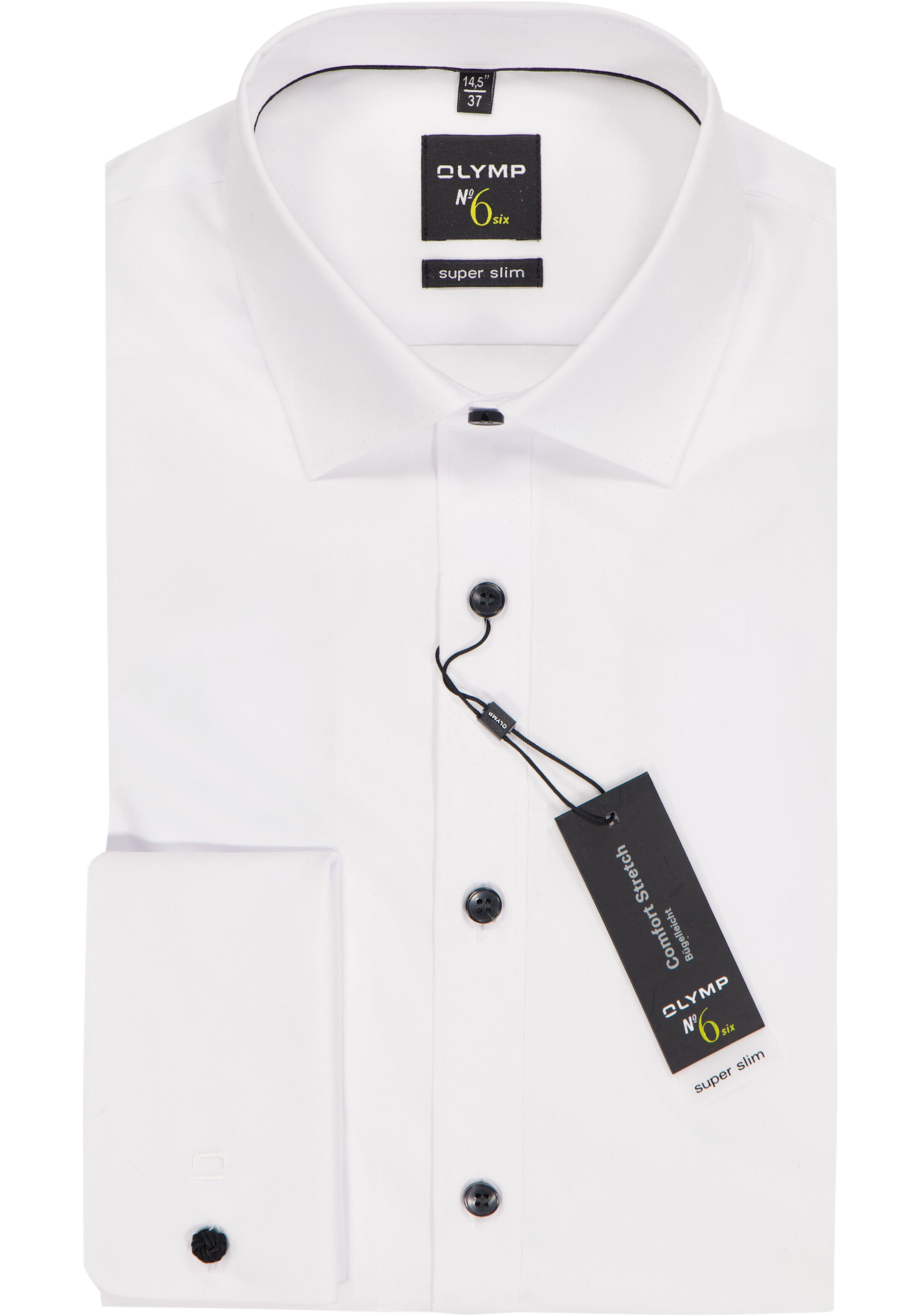 OLYMP No. Six super slim fit overhemd, dubbele manchet, wit met zwarte knoopjes 
