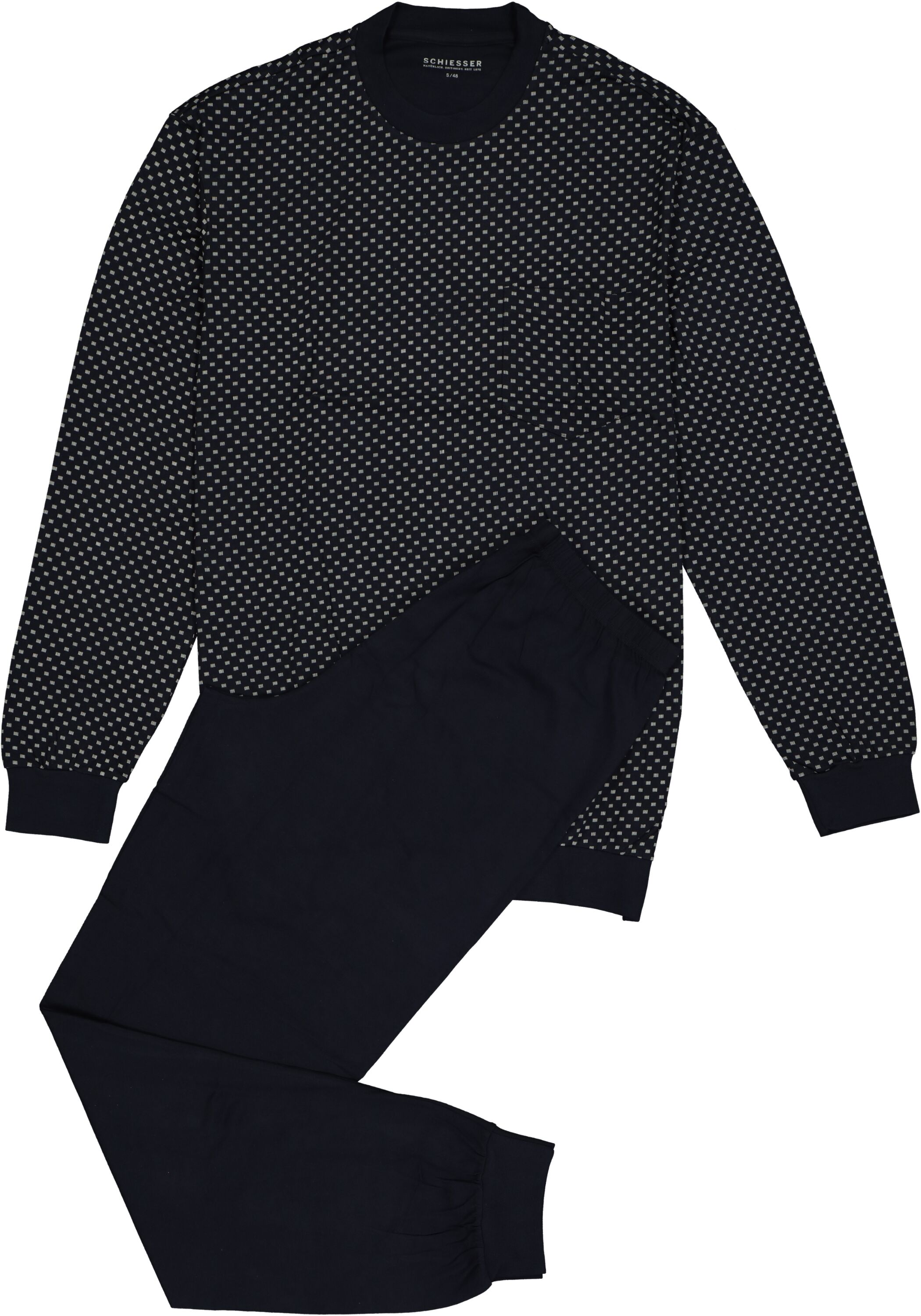 SCHIESSER heren pyjama, O-hals, blauw met wit dessin