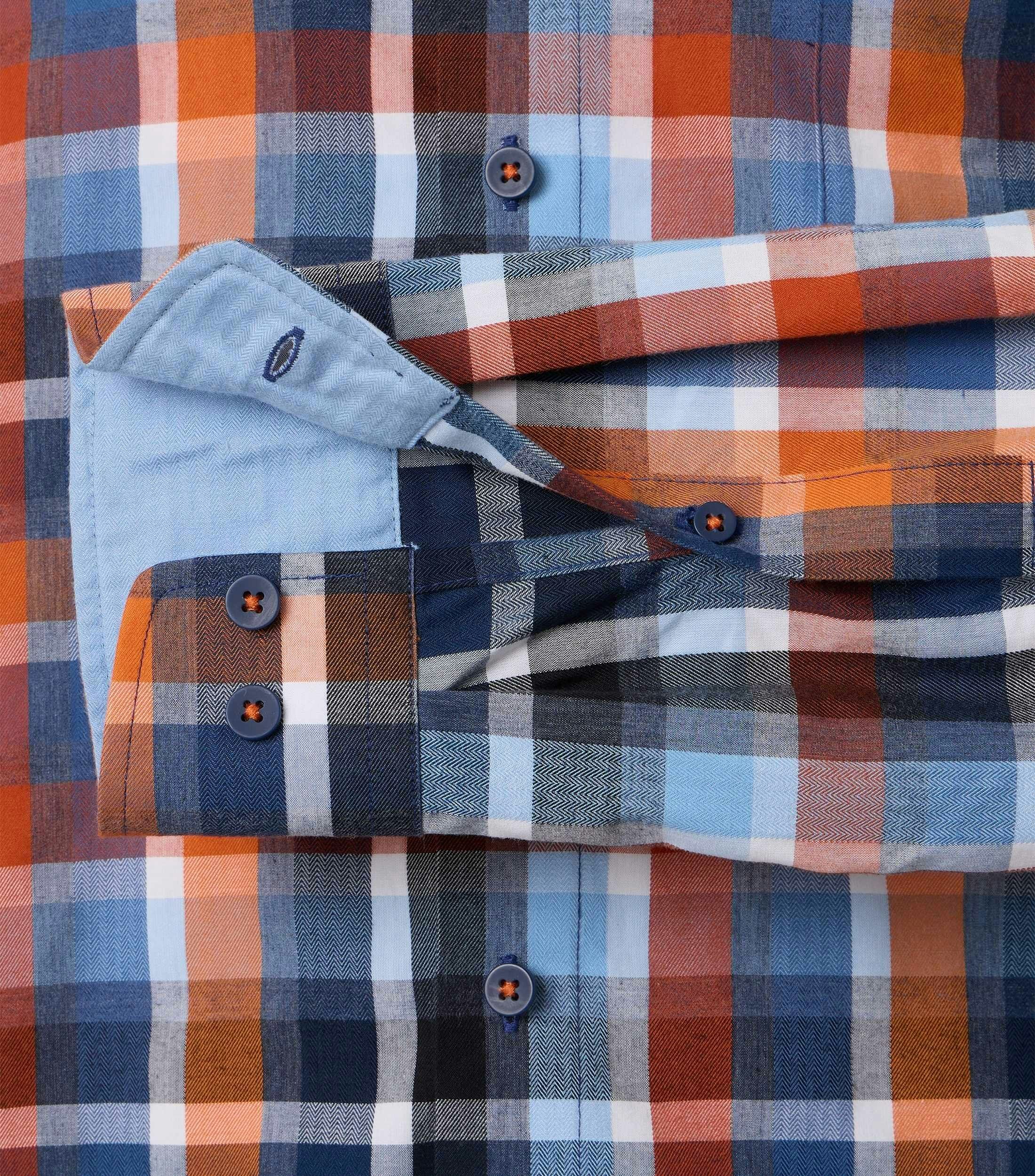 Redmond comfort fit overhemd, dobby, oranje met blauw en wit geruit