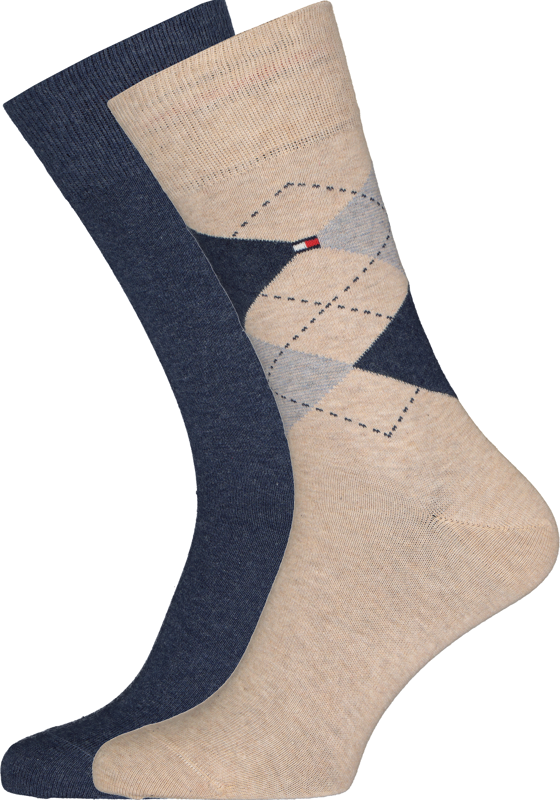 Tommy Hilfiger Check Socks (2-pack), herensokken katoen, geruit en uni, beige met jeansblauw Tommy Hilfiger Check Socks (2-pack), herensokken katoen, geruit en uni, beige met jeansblauw