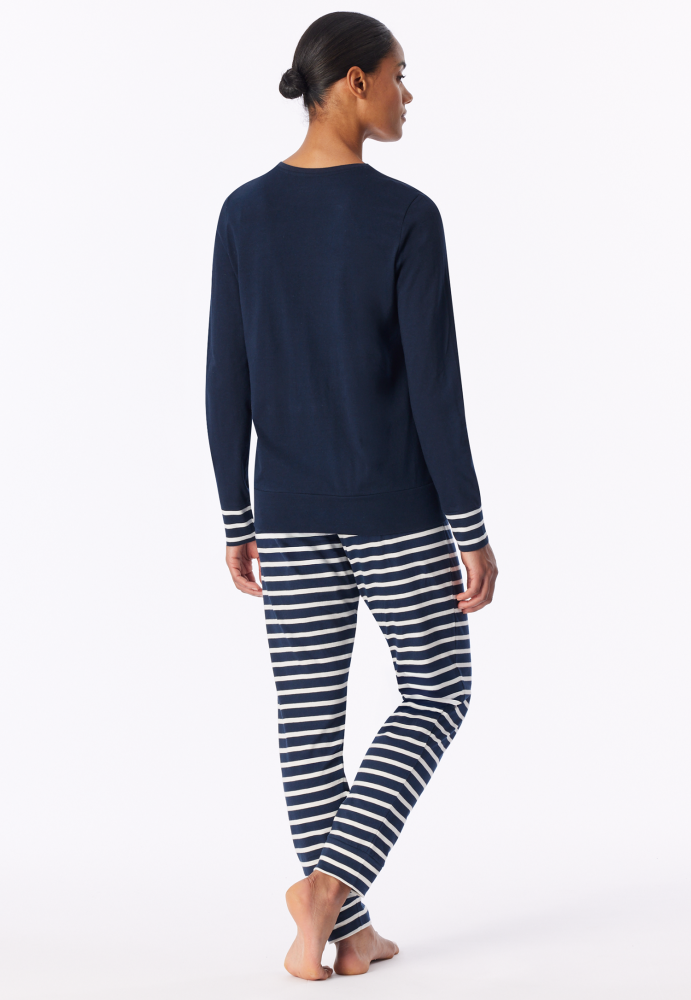 SCHIESSER dames Cotton Essentials Pyjama lang, dames pyjama set, nachtblauw gestreept
