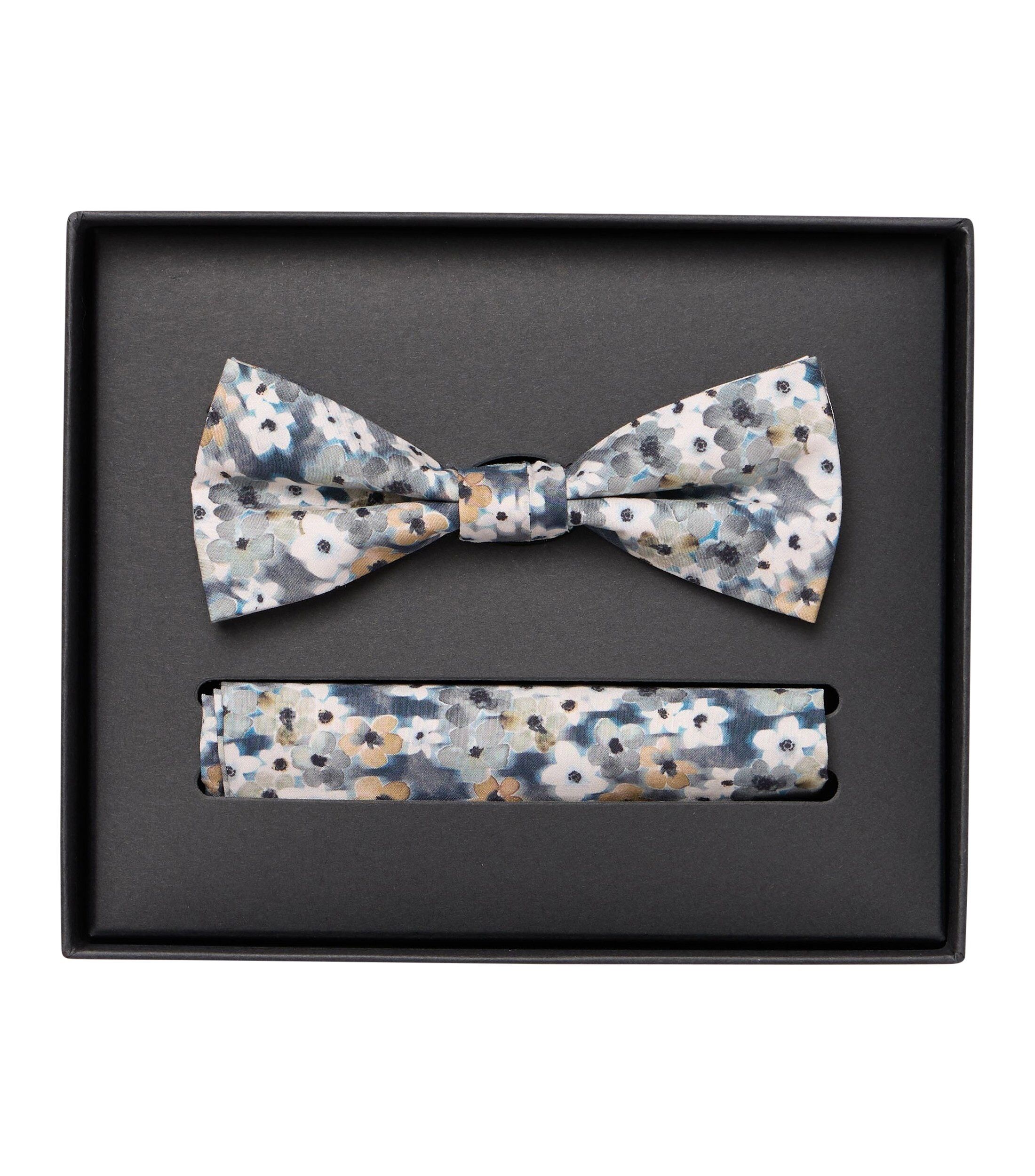 VENTI set met vlinderdas en pochet, blauw met beige en wit dessin