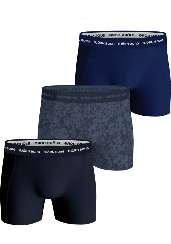 Bjorn Borg Cotton Stretch boxers, heren boxers normale lengte (3-pack), 2 tinten blauw en blauw met print Bjorn Borg Cotton Stretch boxers, heren boxers normale lengte (3-pack), 2 tinten blauw en blauw met print