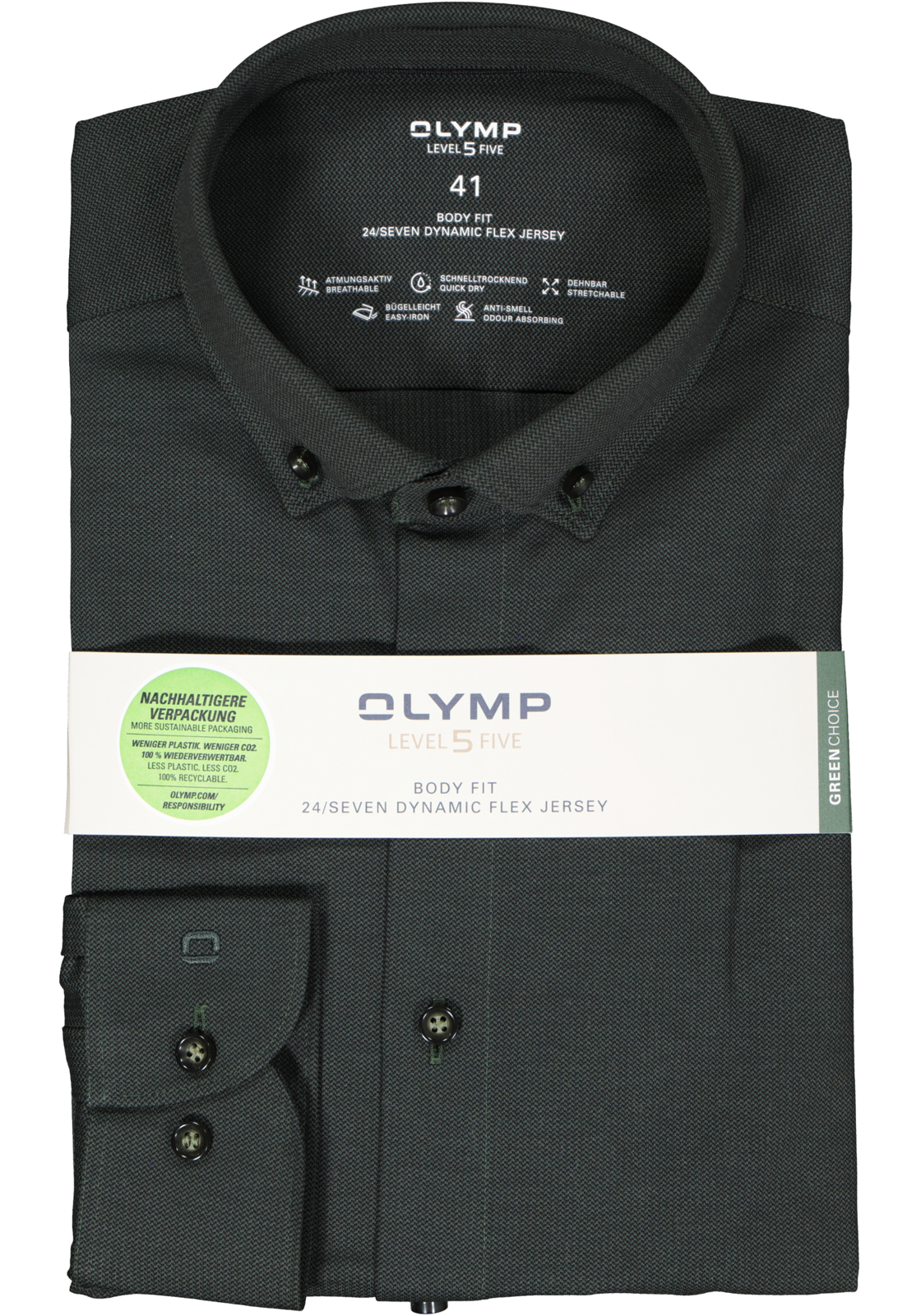 2-4066425473658_olymp-overhemd_HR OLYMP 24/7 Level 5 body fit overhemd, herringbone, olijfgroen