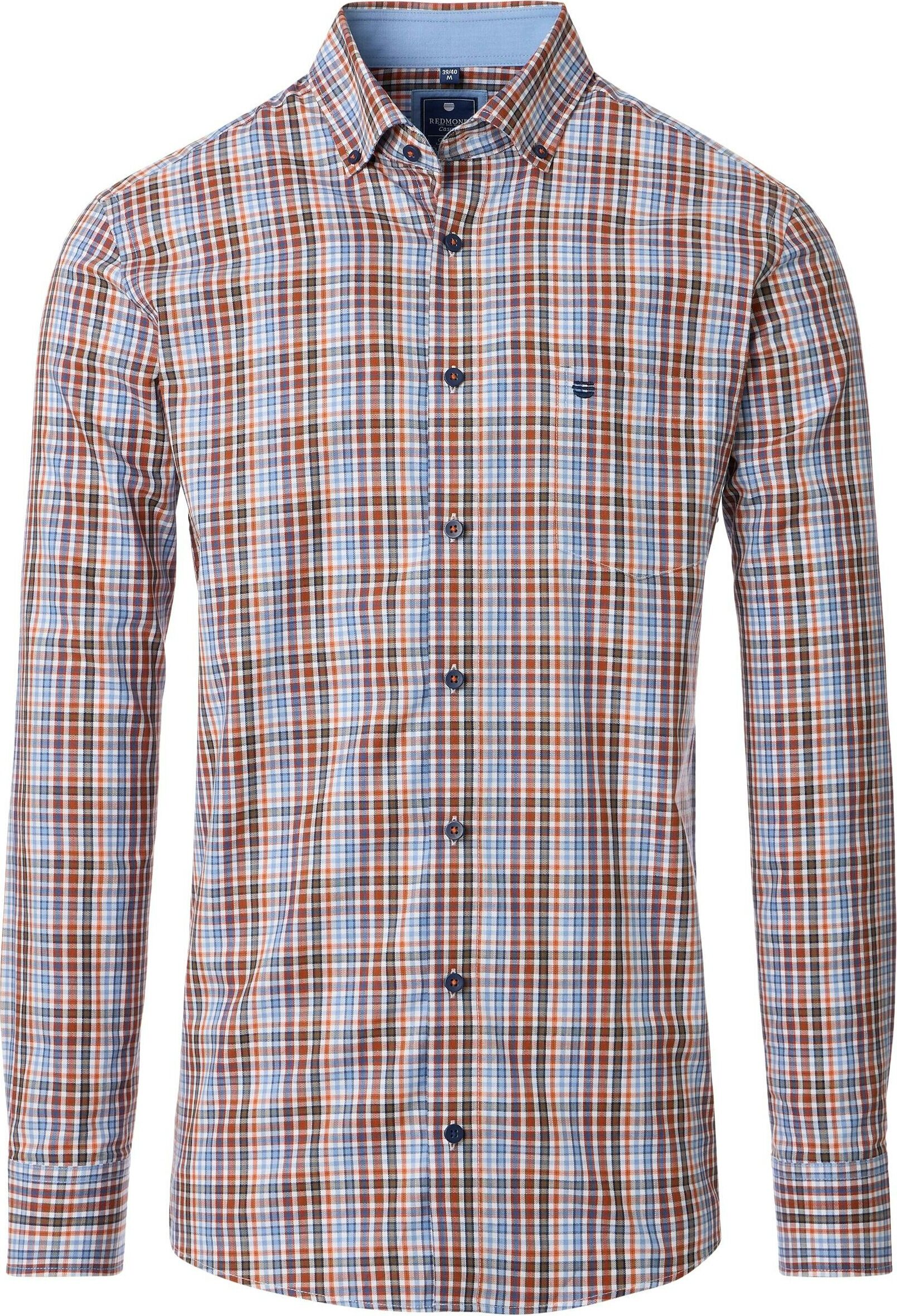 Redmond comfort fit overhemd, twill, oranje, lichtblauw, wit, donkerblauw geruit