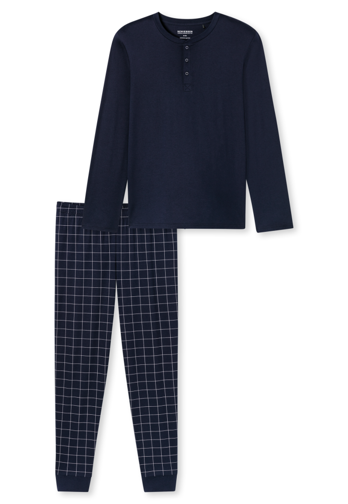 SCHIESSER Fine Interlock Pyjama lang, heren pyjama set, nachtblauw geruit