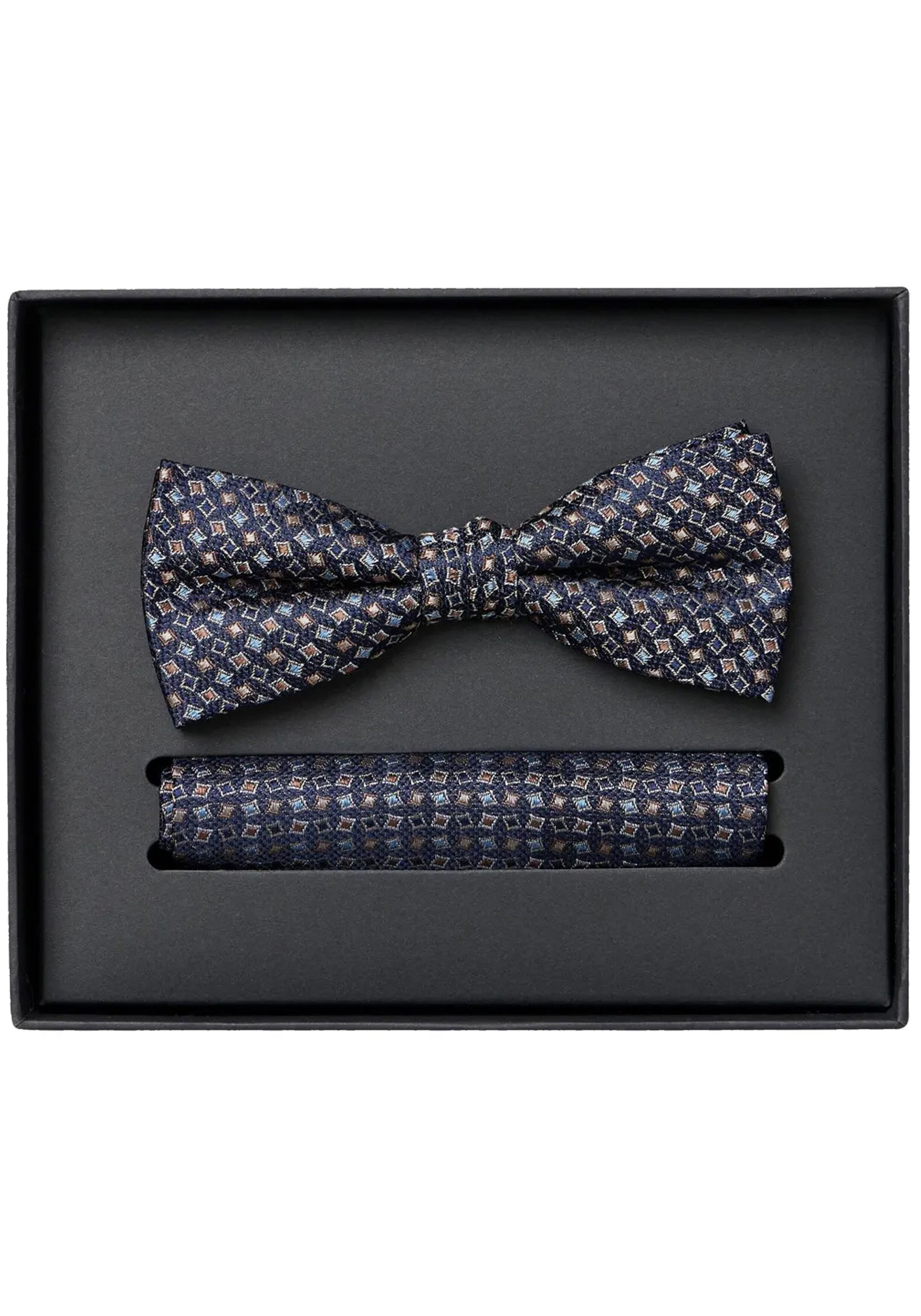 VENTI set met vlinderdas en pochet, donkerblauw, lichtblauw, bruin dessin