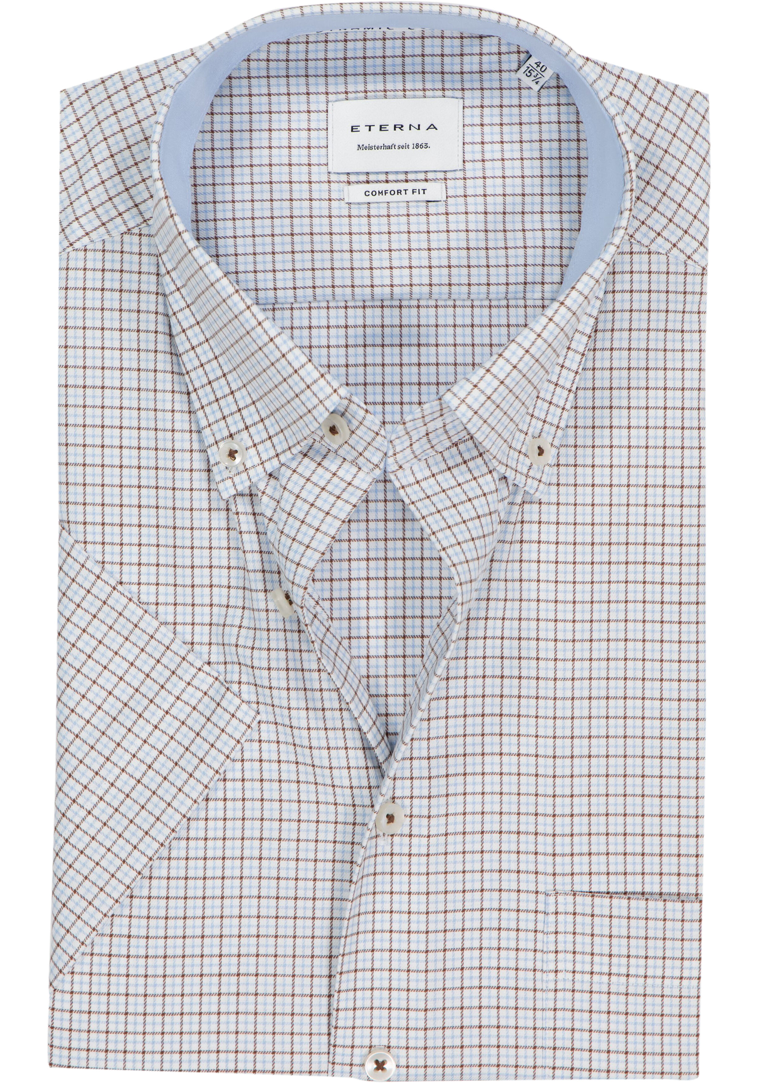 ETERNA comfort fit overhemd korte mouw, twill, wit met lichtblauw en bruin geruit