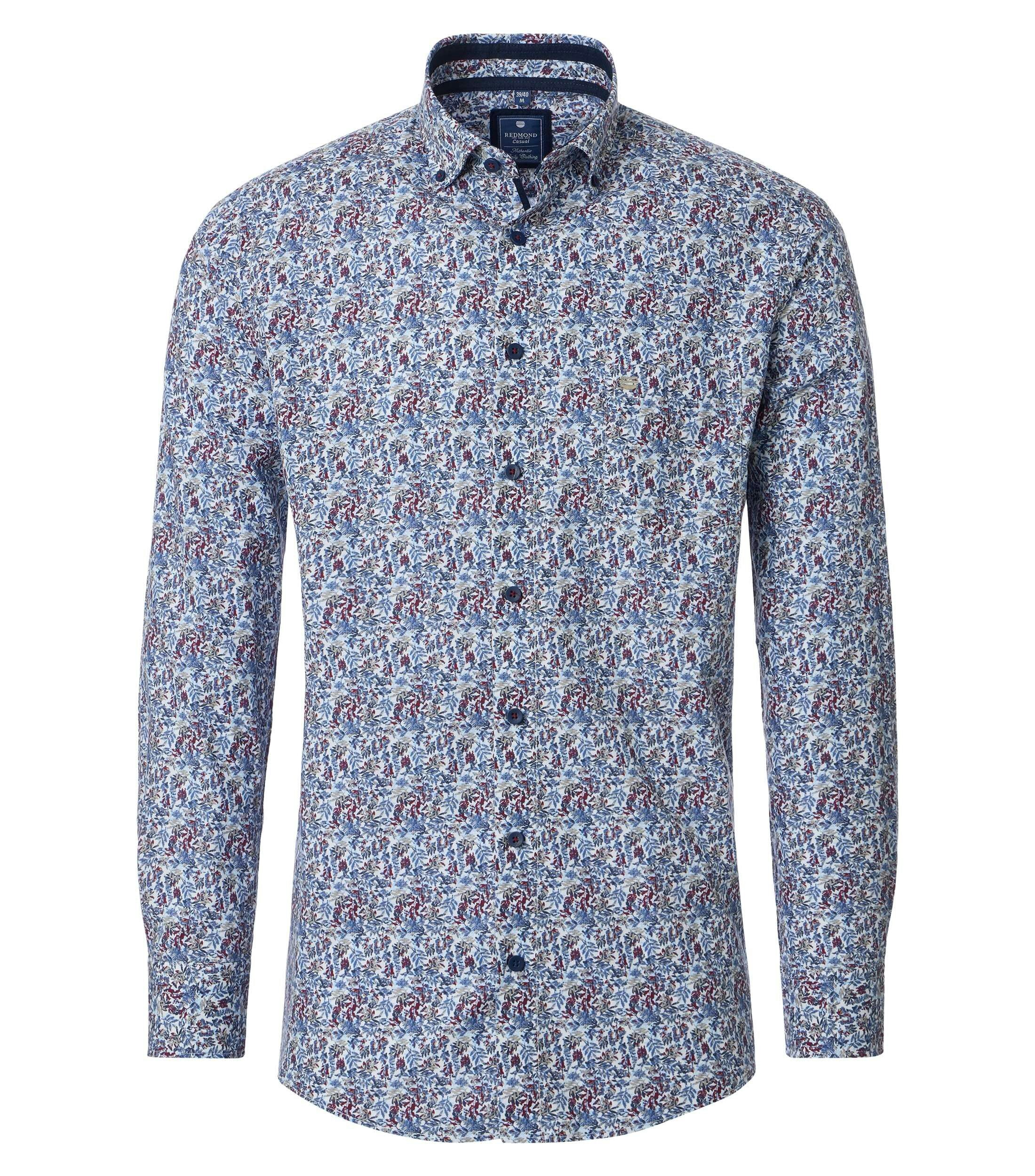 Redmond modern fit overhemd, popeline, wit met blauw, rood en beige dessin