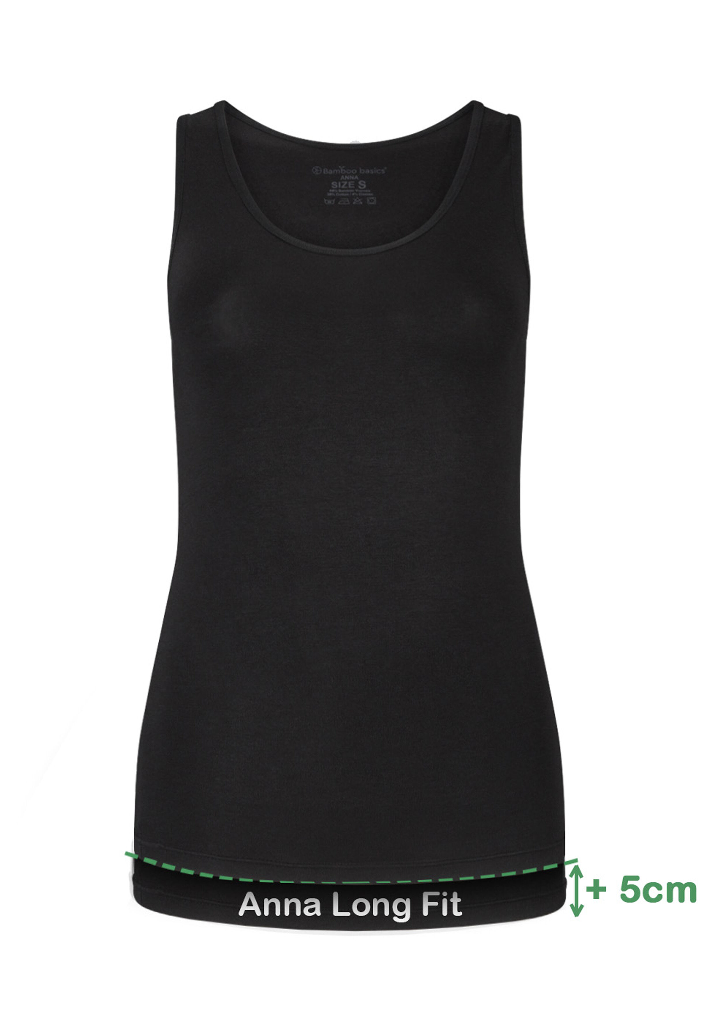 Bamboo Basics Anna long fit singlet (2-pack), dames hemd extra lang, zwart
