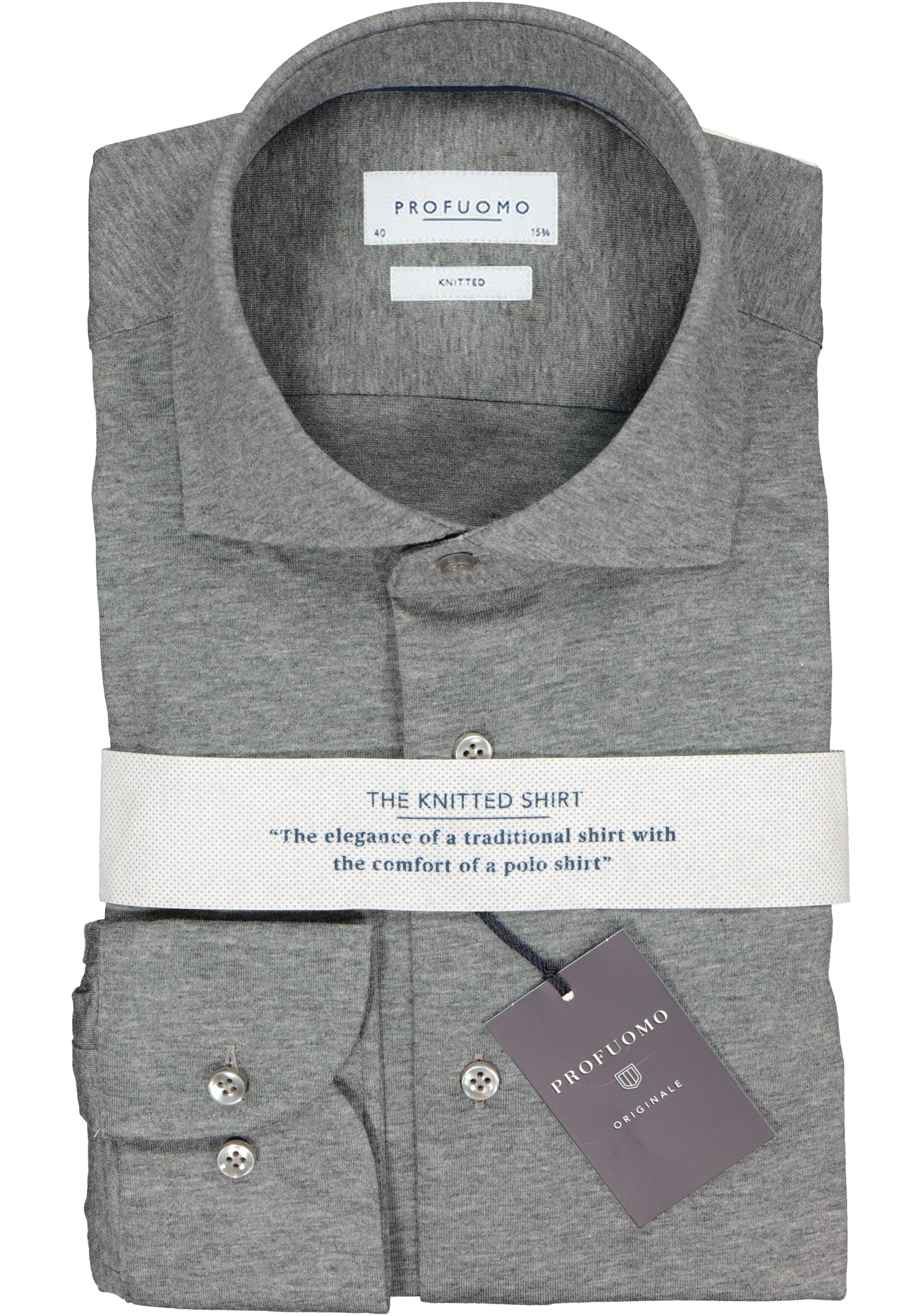 Profuomo slim fit jersey overhemd, knitted shirt, antraciet grijs melange