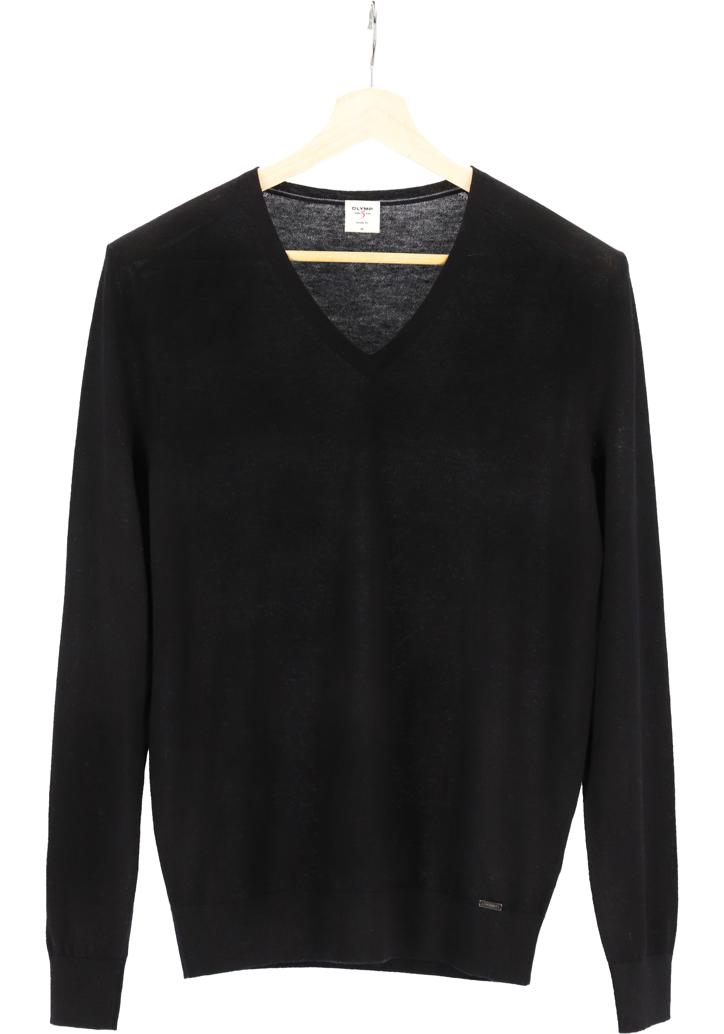 OLYMP Level 5 body fit trui wol met zijde, V-hals, zwart
