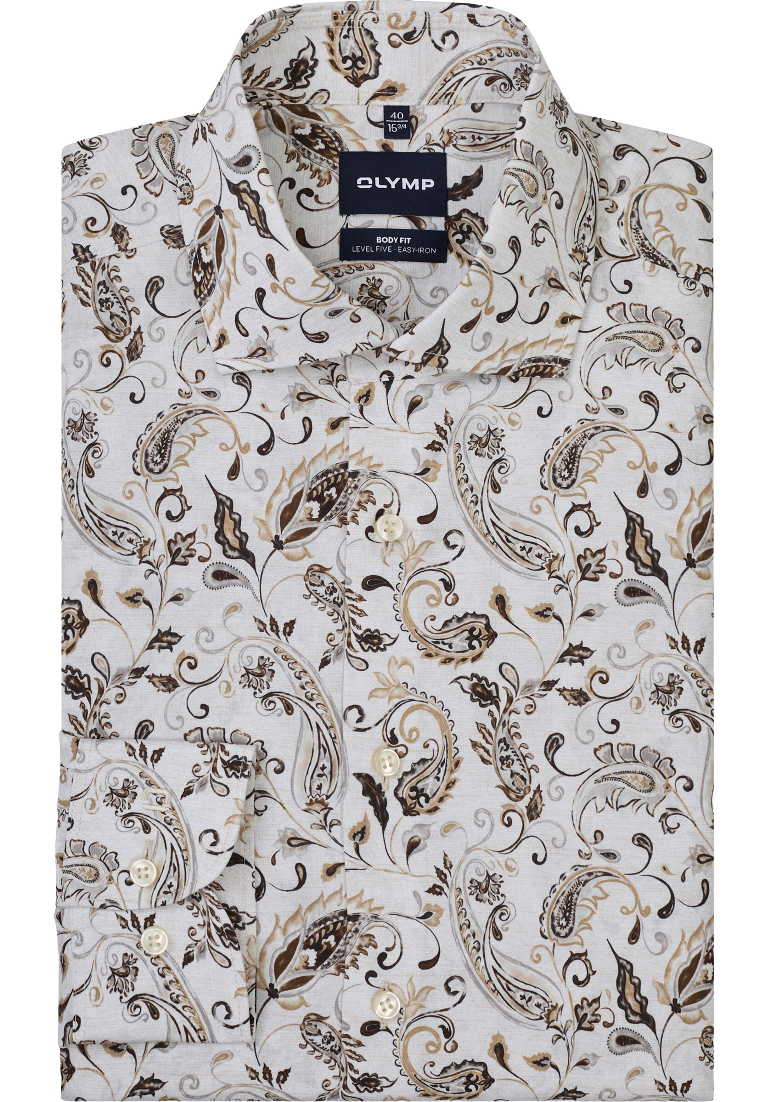 OLYMP Level 5 body fit overhemd, mouwlengte 7, popeline, wit met beige en bruin dessin