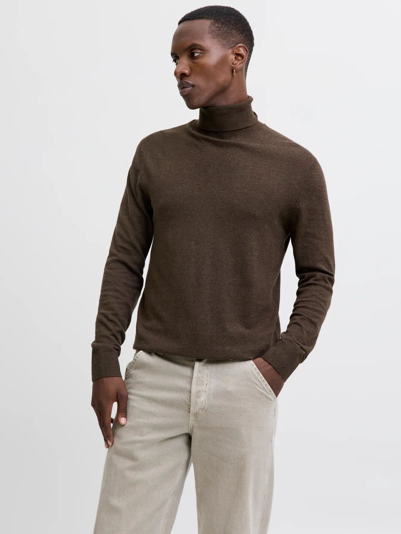 JACK & JONES Emil knit roll neck slim fit, heren pullover viscosemengsel met col, bruin (mulch twist)