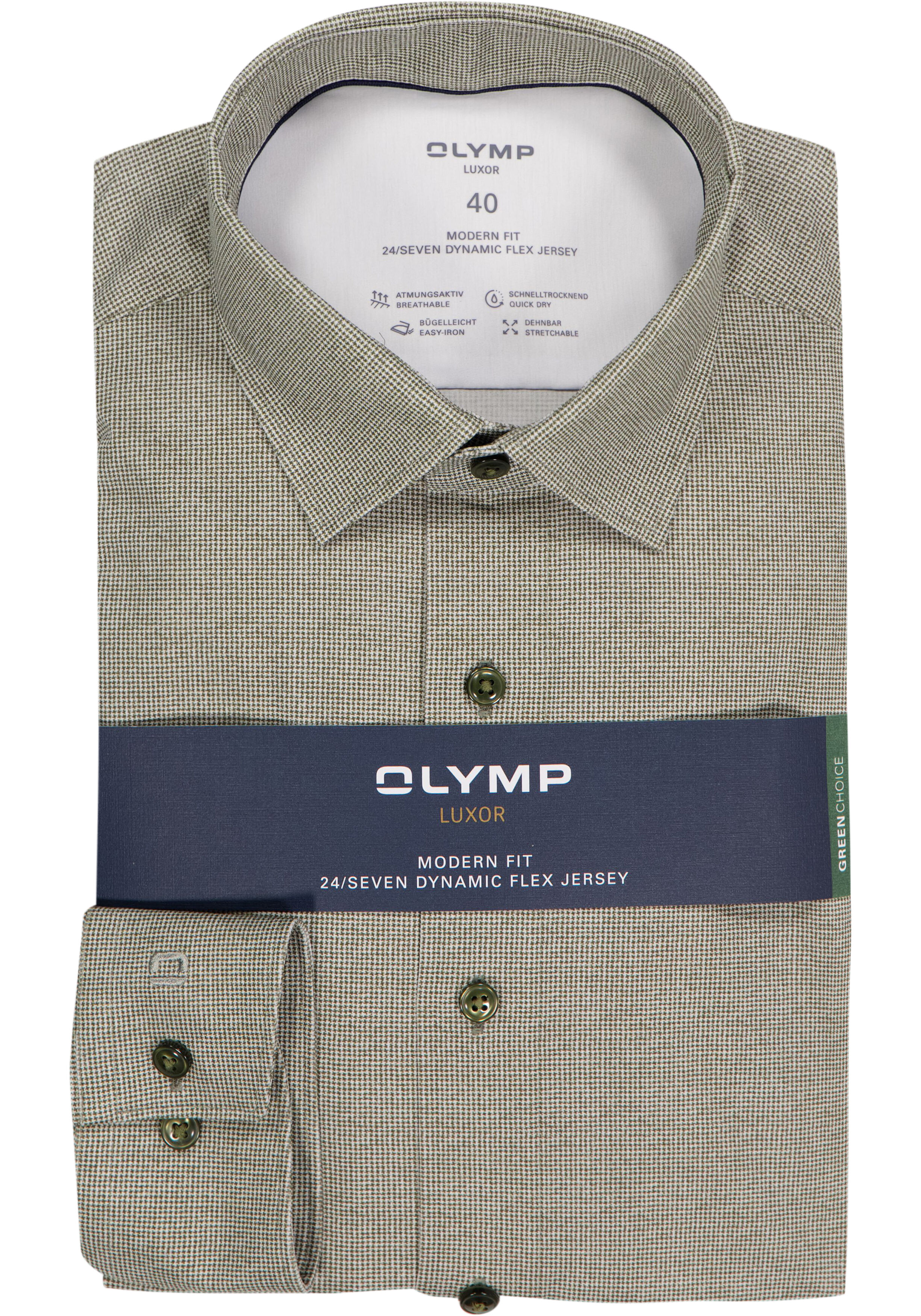 OLYMP 24/7 Luxor modern fit overhemd, tricot, grijsgroen dessin