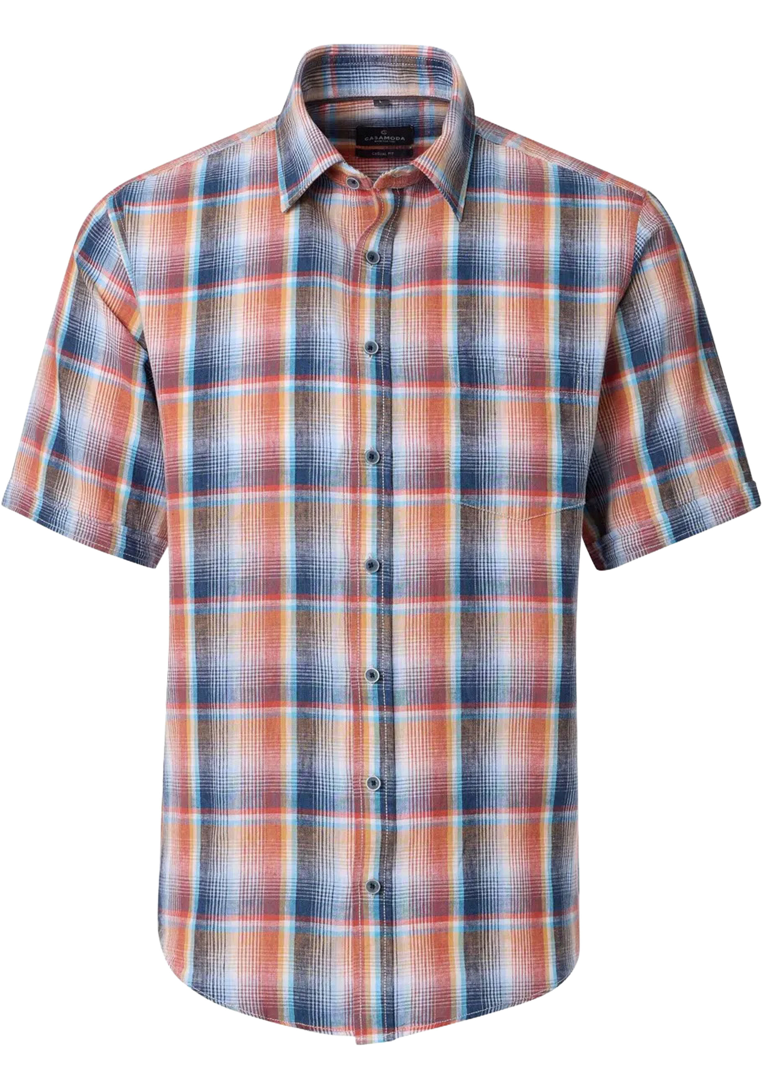 CASA MODA Sport casual fit overhemd, korte mouw, structuur, oranje, blauw, wit, lichtblauw, geel geruit