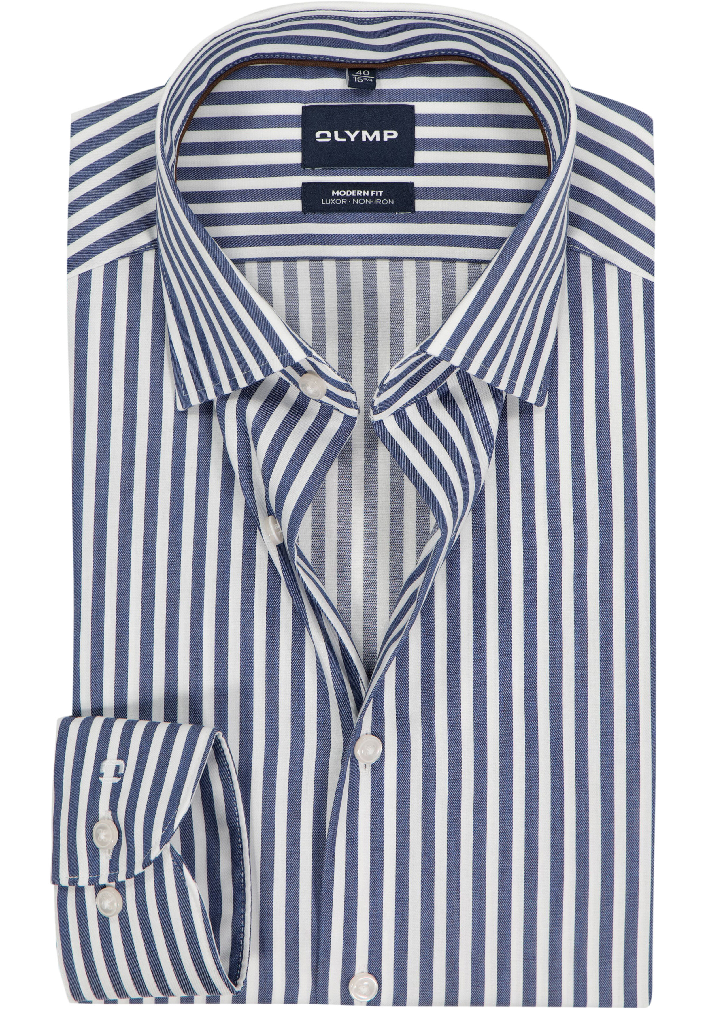 OLYMP Luxor modern fit overhemd, popeline, marine blauw met wit gestreept