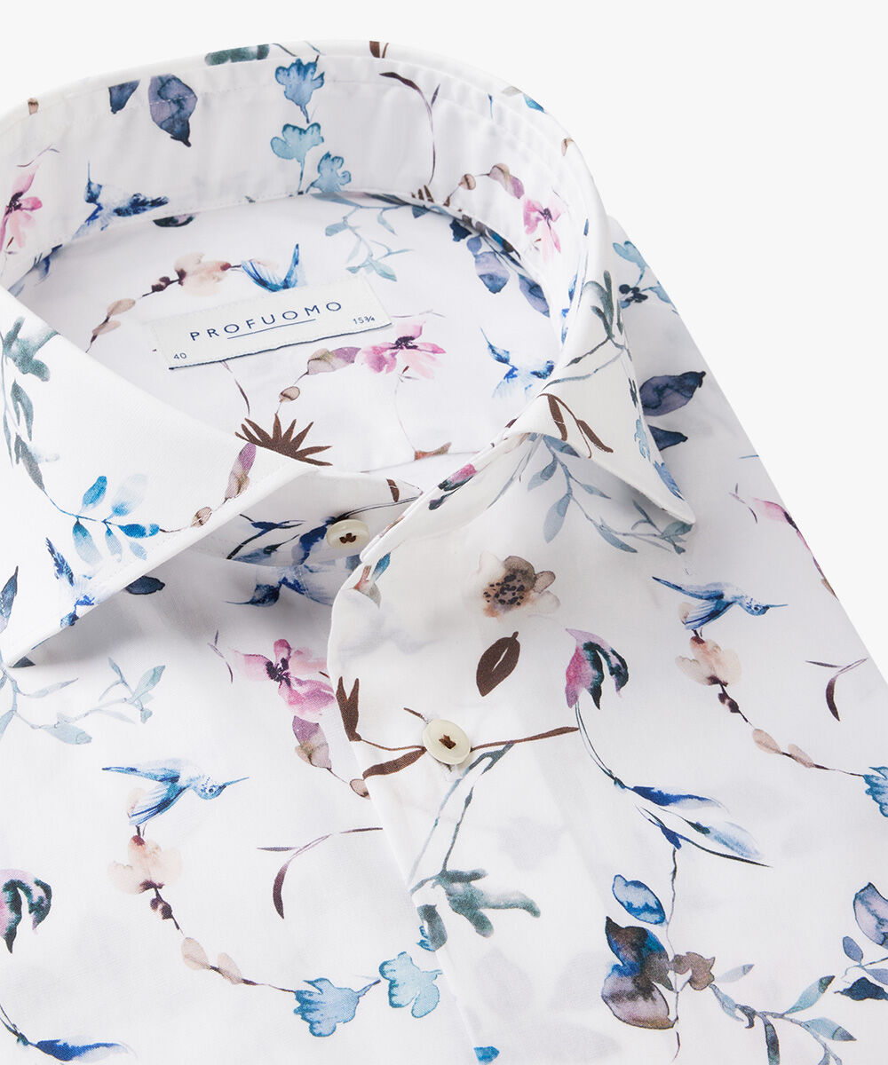 Profuomo slim fit heren overhemd, popeline, wit met blauw en roze dessin
