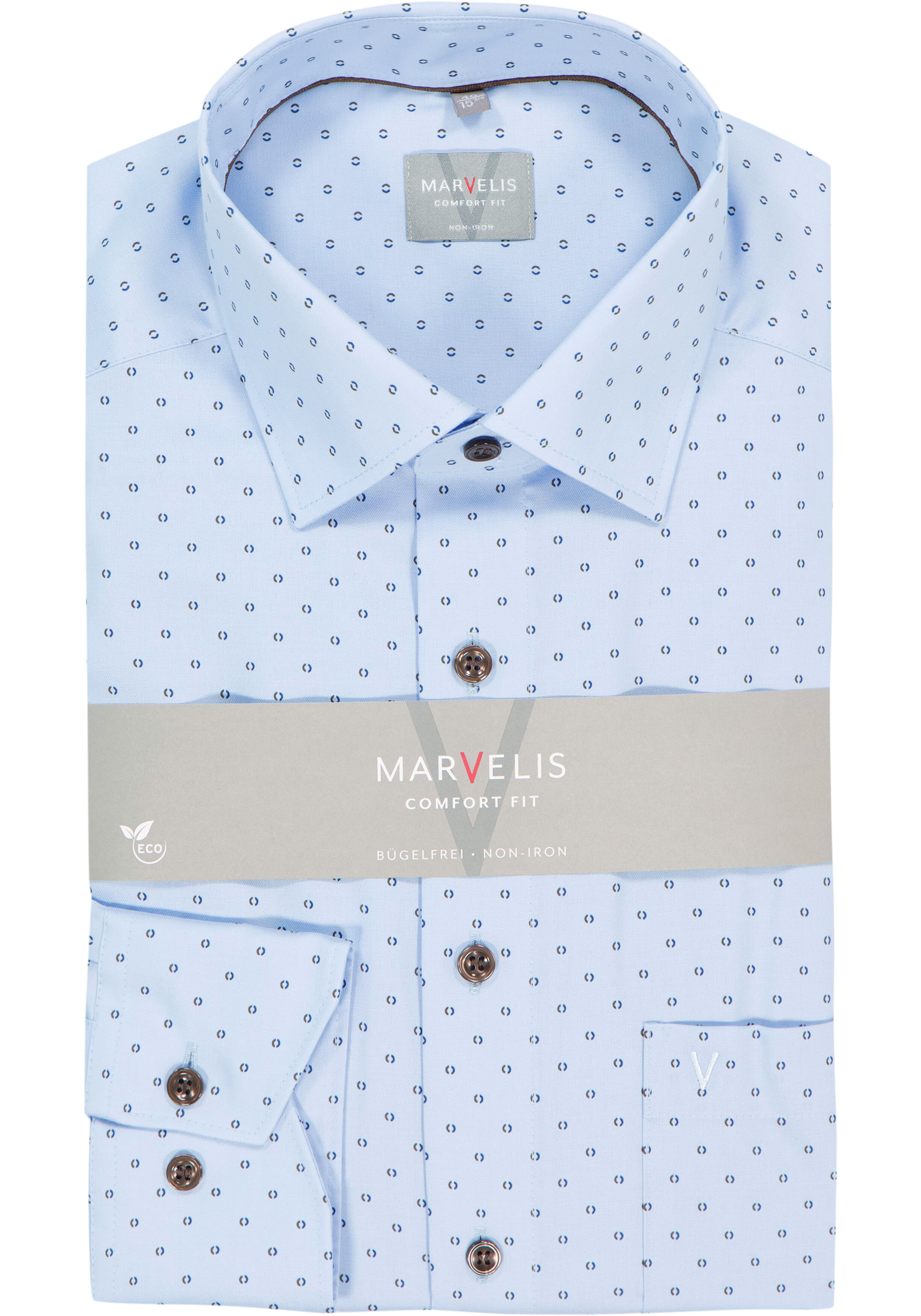 MARVELIS comfort fit overhemd, popeline, lichtblauw met donkerblauw en bruin dessin