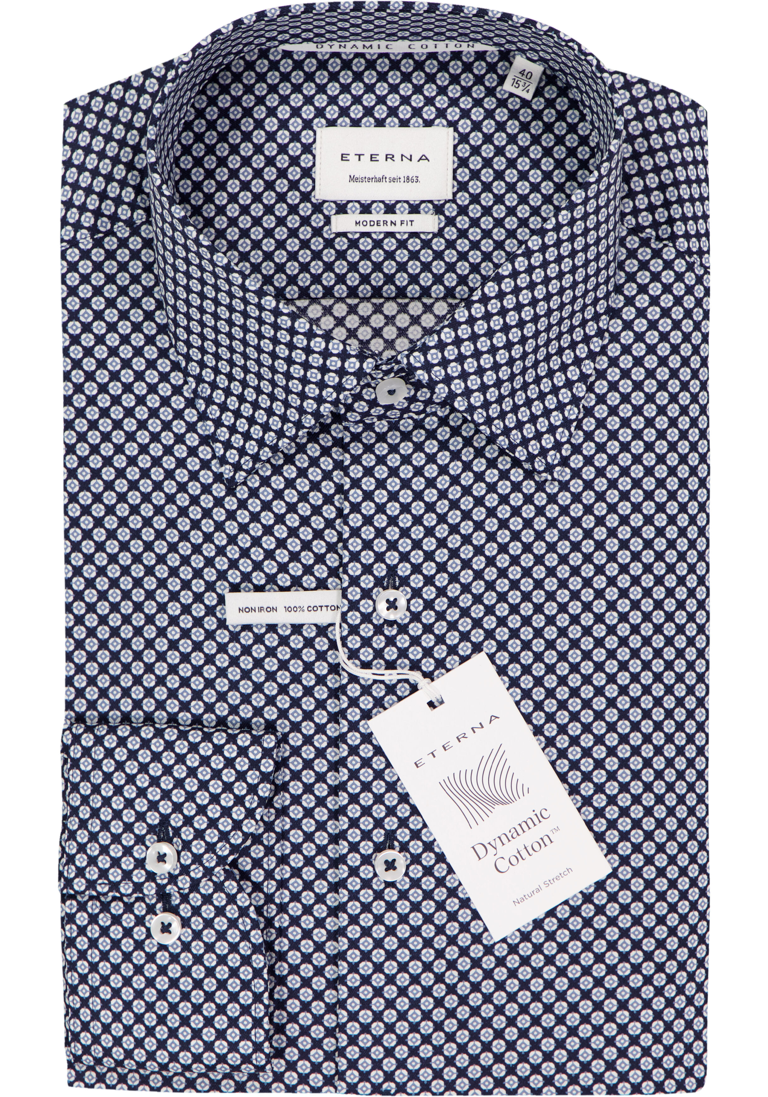 ETERNA modern fit overhemd, twill, donkerblauw met wit en lichtblauw dessin
