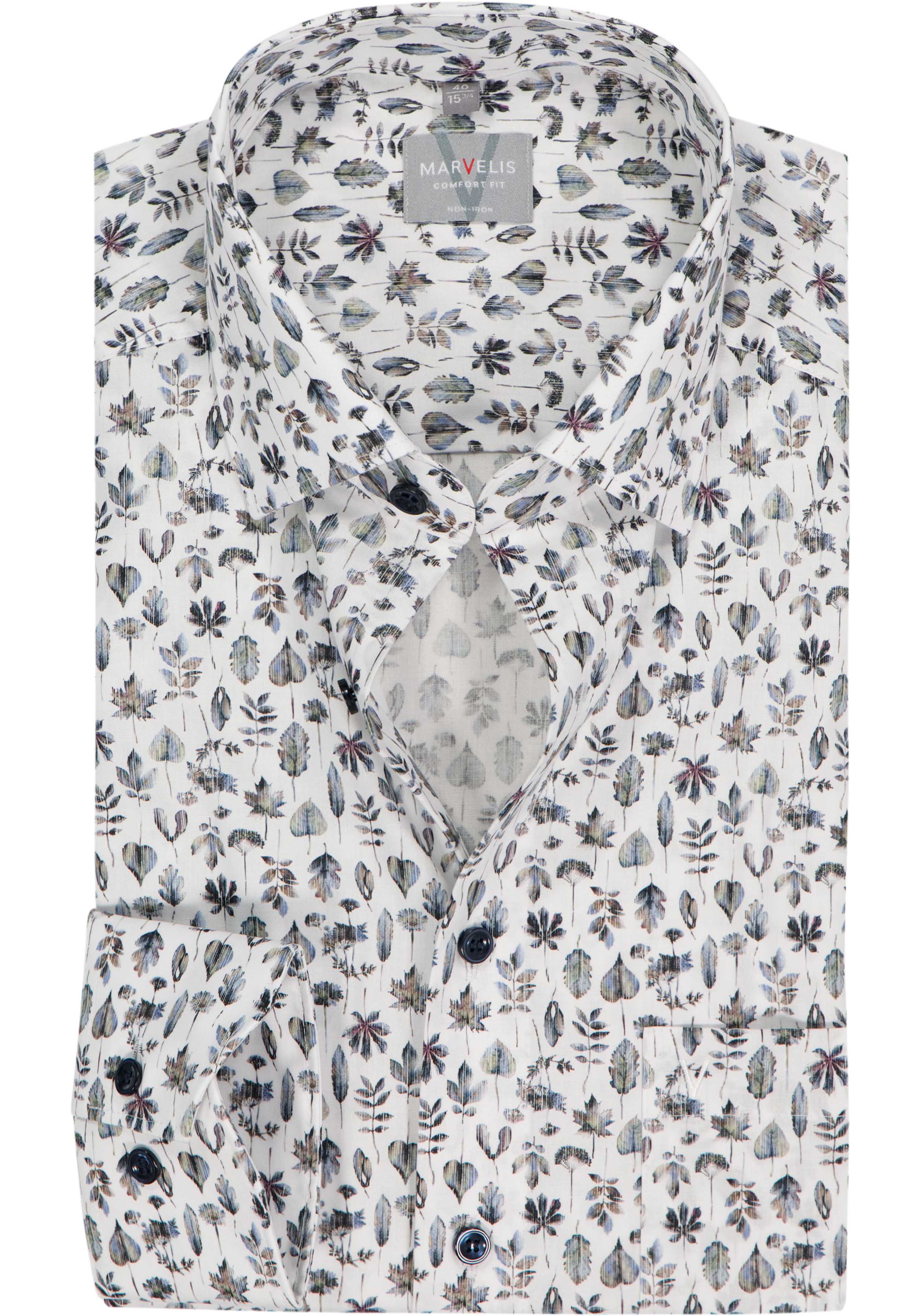 MARVELIS comfort fit overhemd, popeline, wit met blauw, groen en bruin bladeren dessin