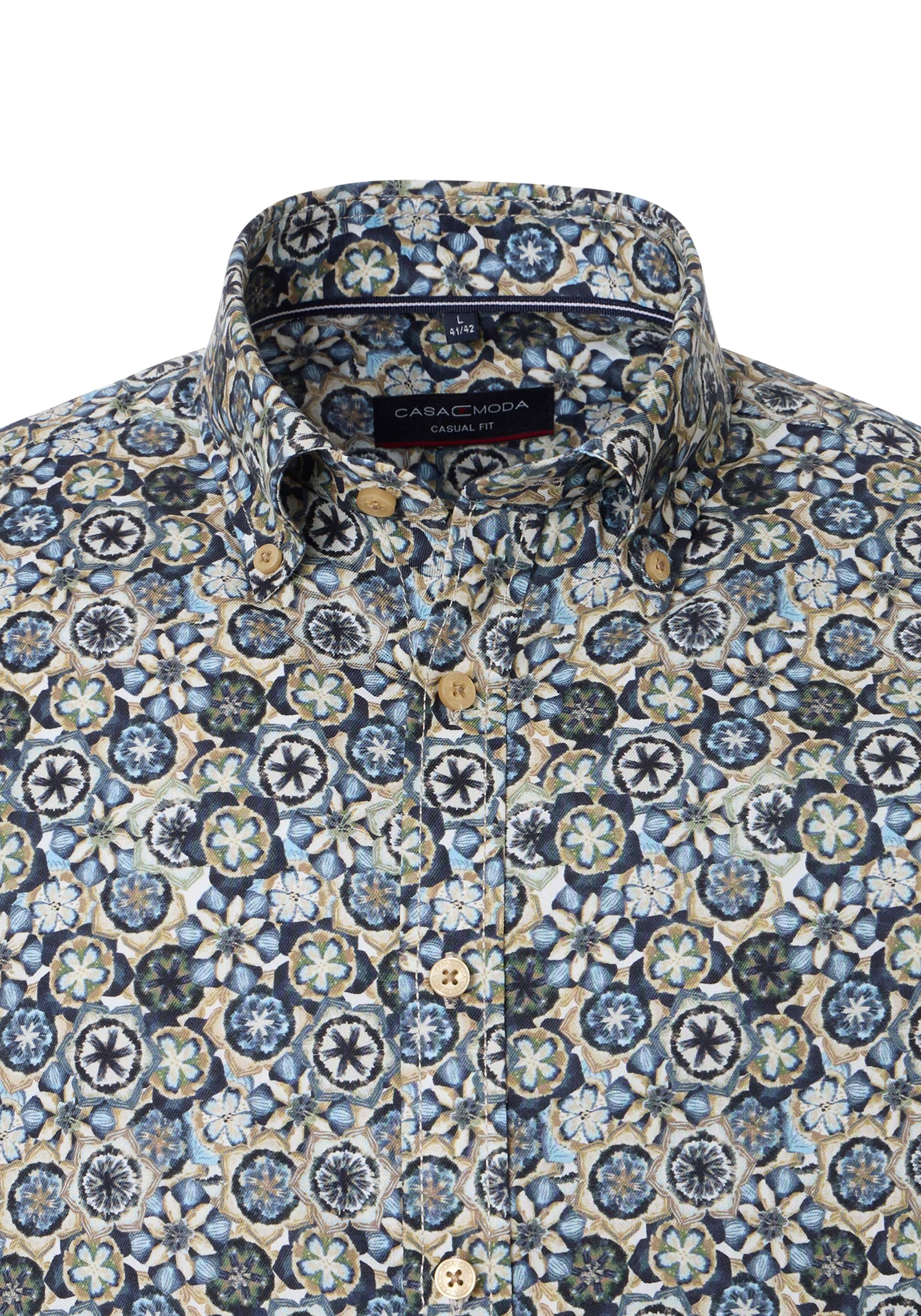 CASA MODA Sport casual fit overhemd, twill, blauw met groen, beige en wit dessin