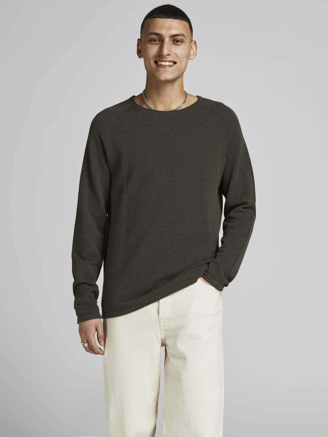 JACK & JONES Hill knit crew neck slim fit, heren pullover katoen met O-hals, groen melange