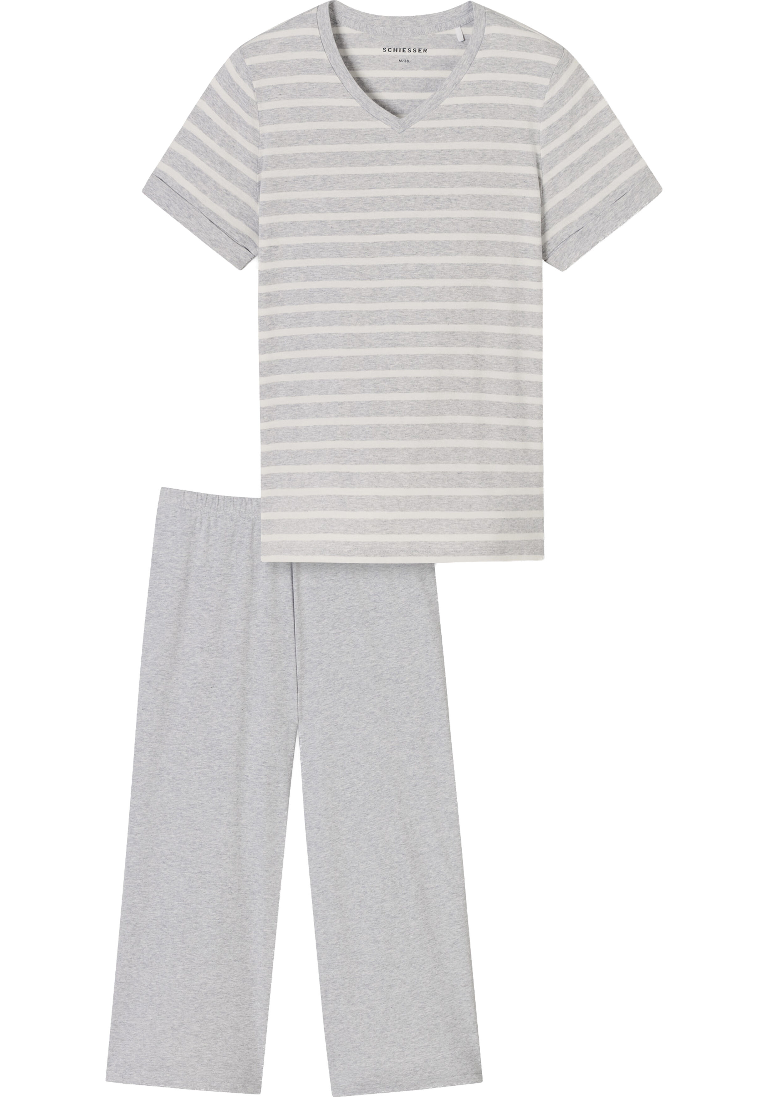 SCHIESSER dames Cotton Essentials Pyjama lang, dames pyjama set, zilvergrijs melange gestreept