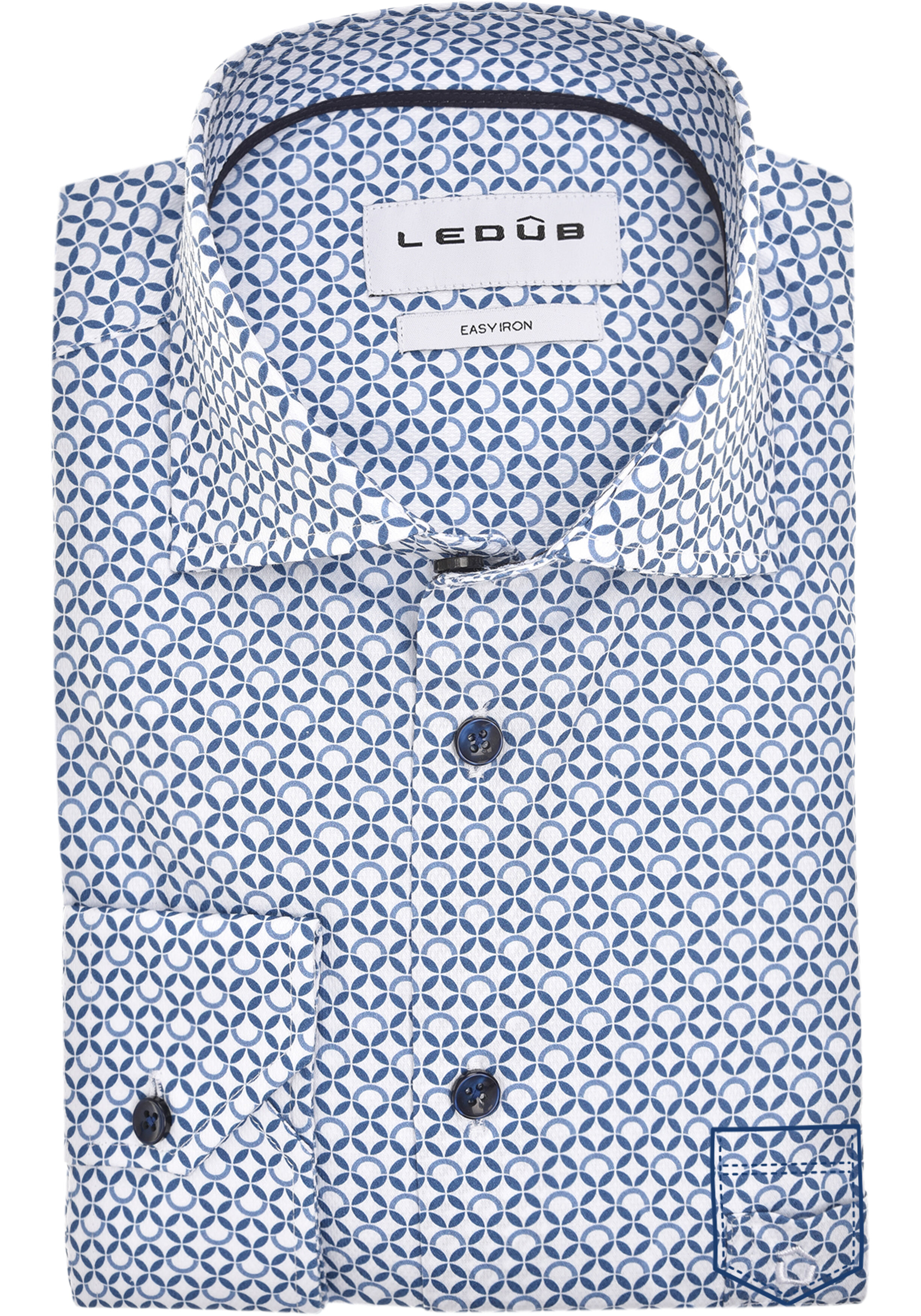 Ledub modern fit overhemd, popeline, blauw met wit dessin