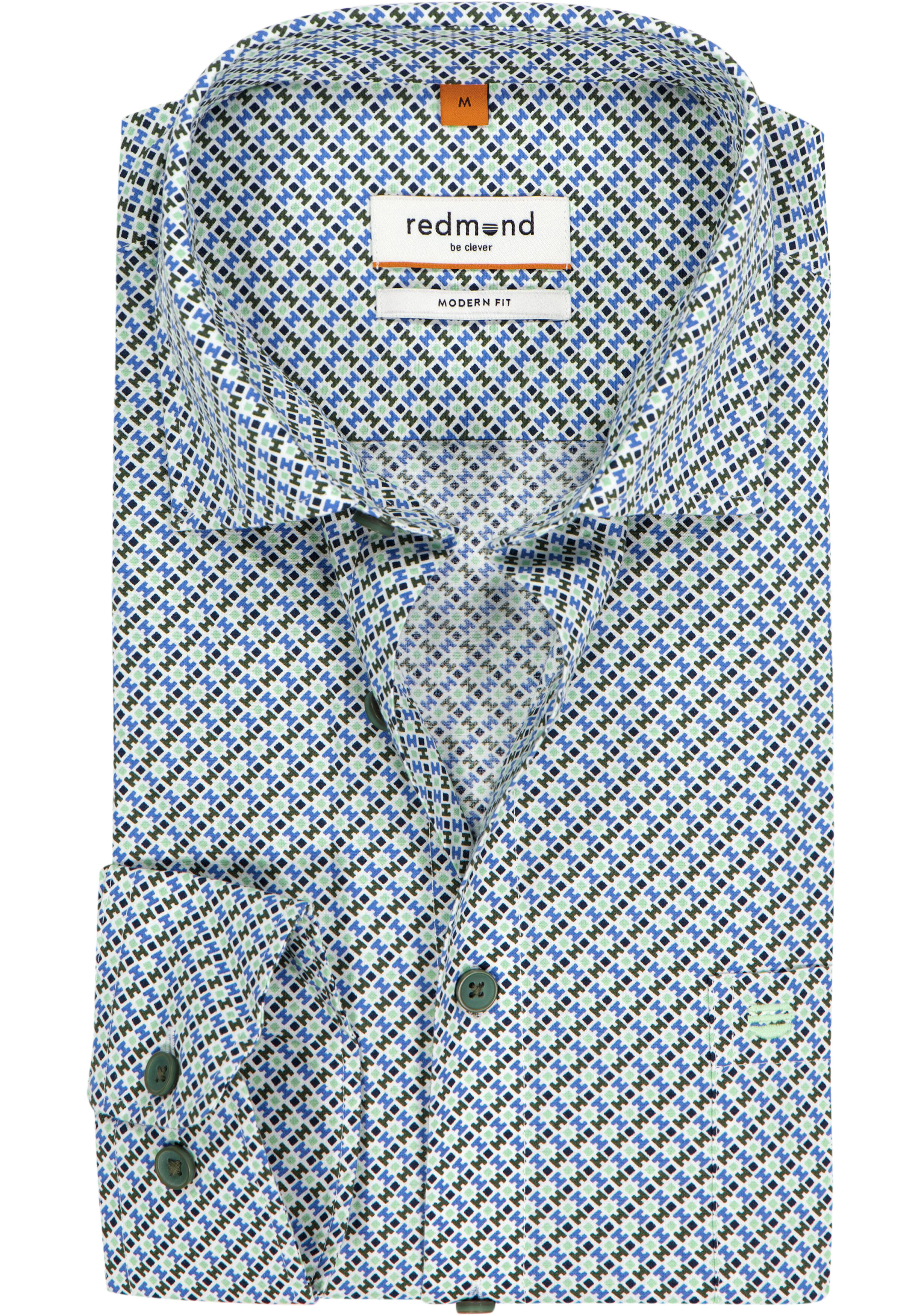 Redmond modern fit overhemd, popeline, blauw met groen en wit dessin