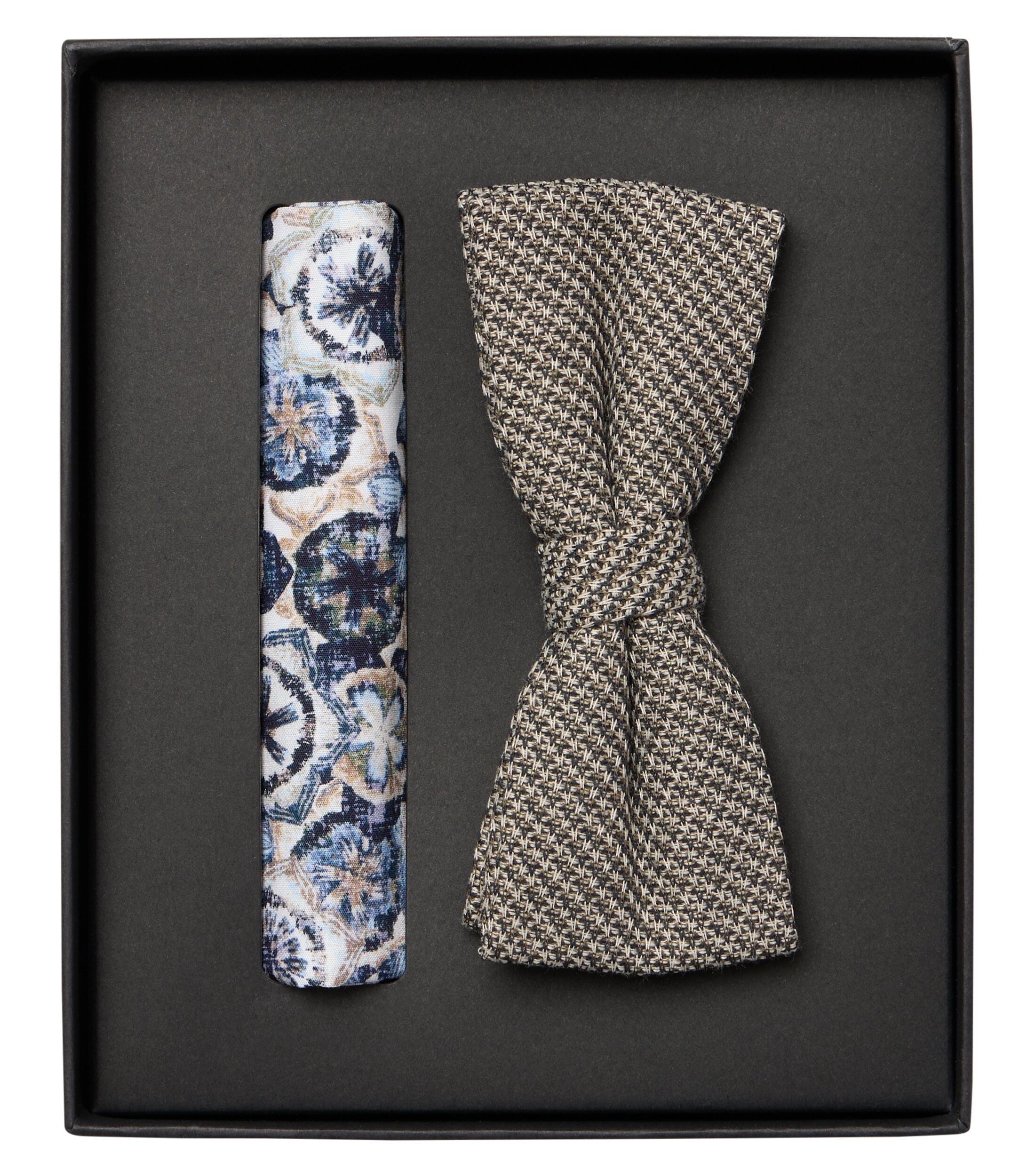 VENTI set met vlinderdas en pochet, beige met blauw en wit dessin