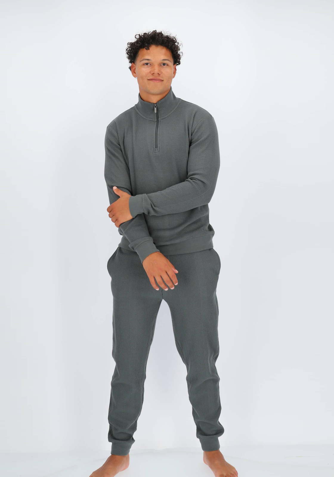 BOSS Structure Half Zip, heren lounge trui, grijs-groen BOSS Structure Half Zip, heren lounge trui, grijs-groen