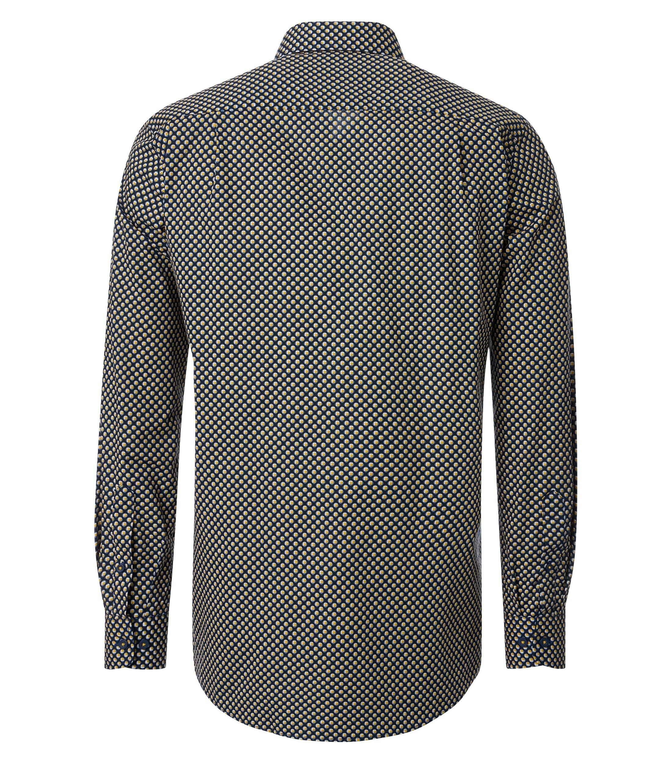 Redmond modern fit overhemd, popeline, donkerblauw met geel, wit en lichtblauw dessin