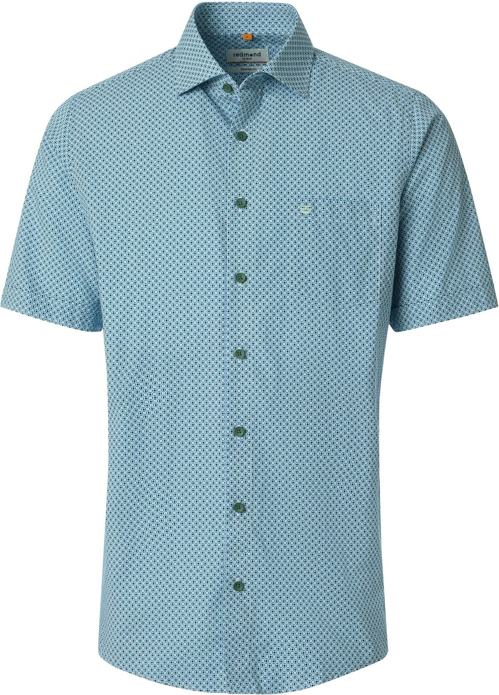 Redmond comfort fit overhemd, korte mouw, popeline, lichtblauw, donkerblauw, groen dessin