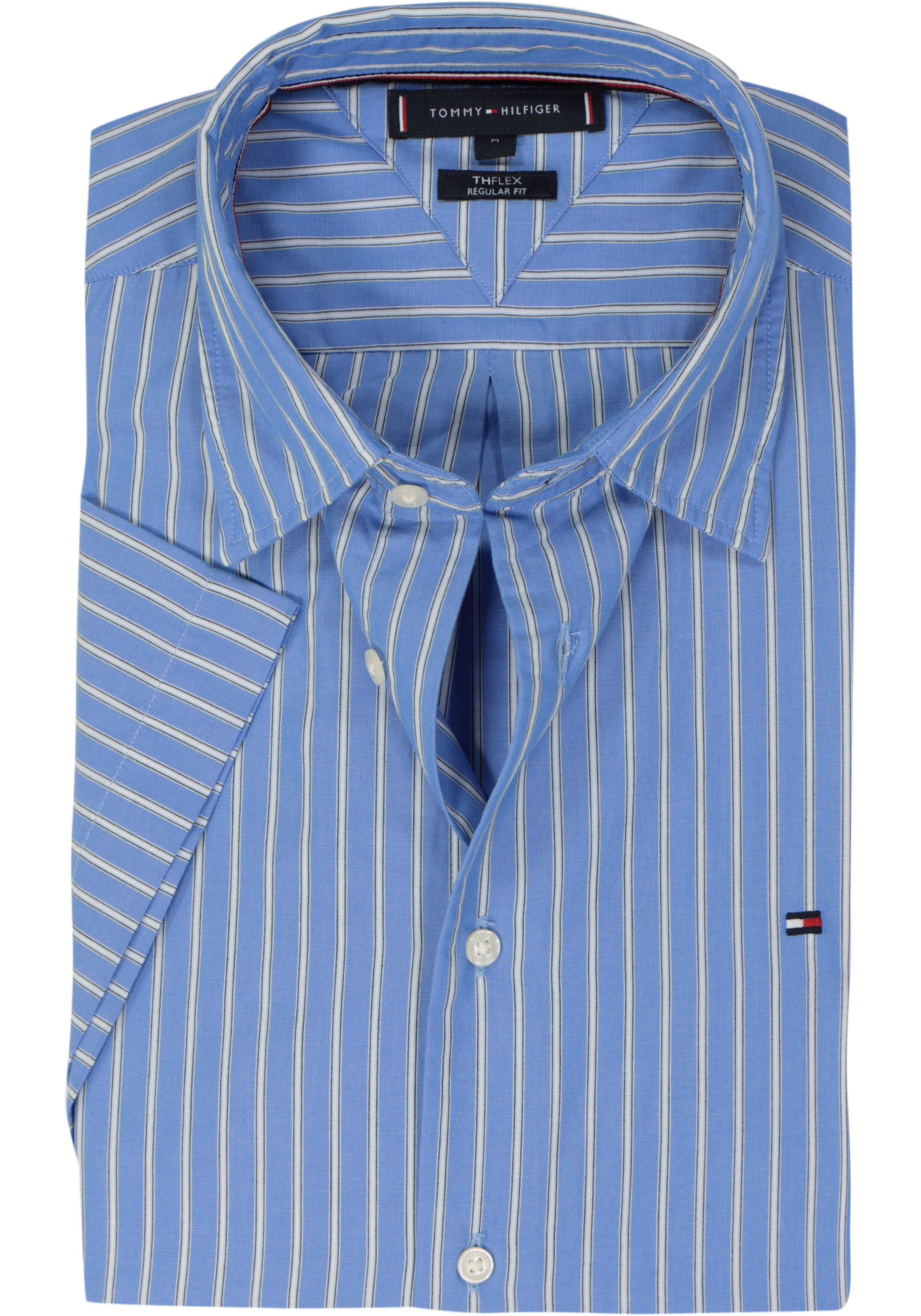 Tommy Hilfiger Flex Poplin Regular Fit Shirt, korte mouw, popeline, middenblauw gestreept
