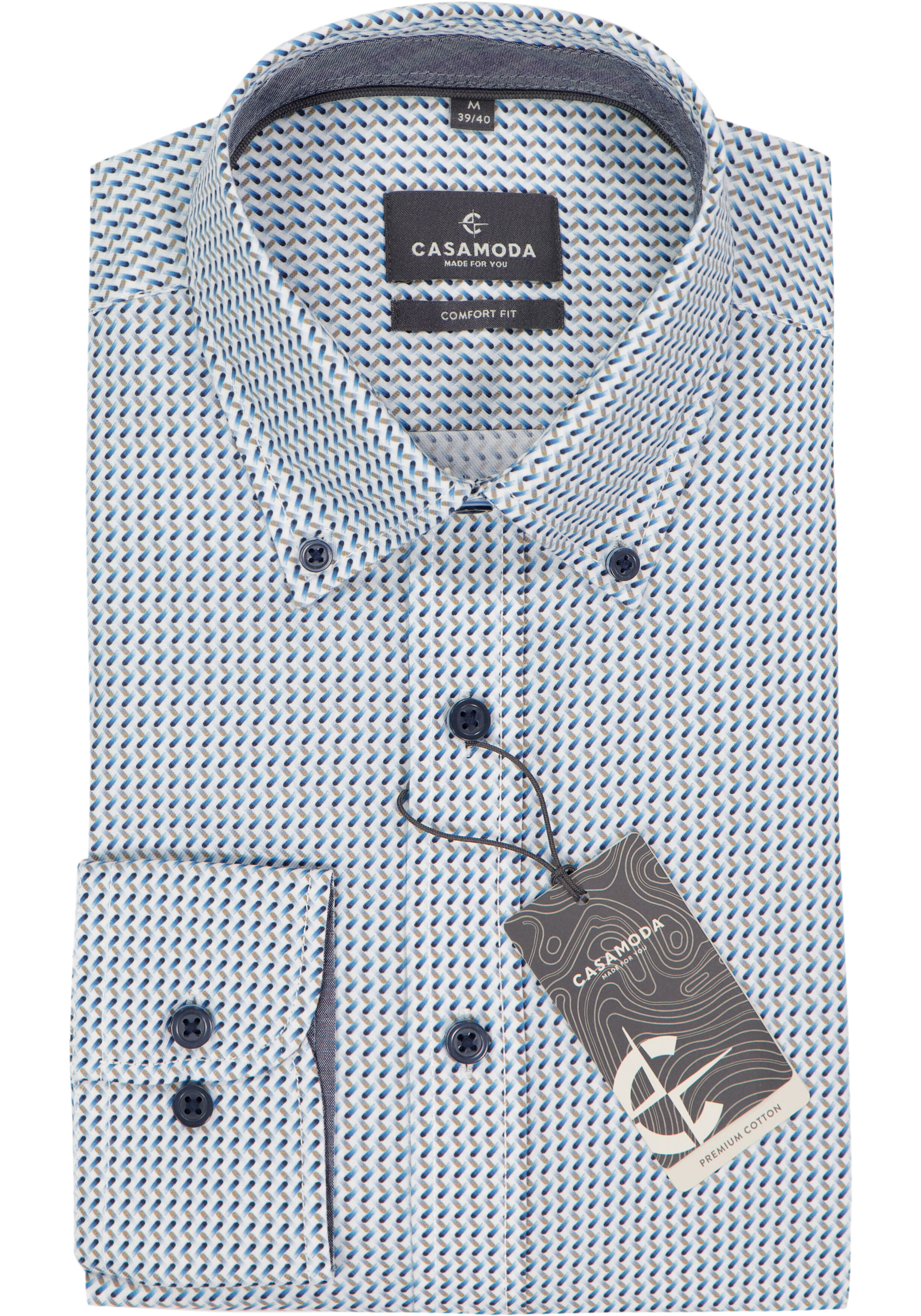 CASAMODA Sport comfort fit overhemd, popeline, wit met blauw en groen dessin