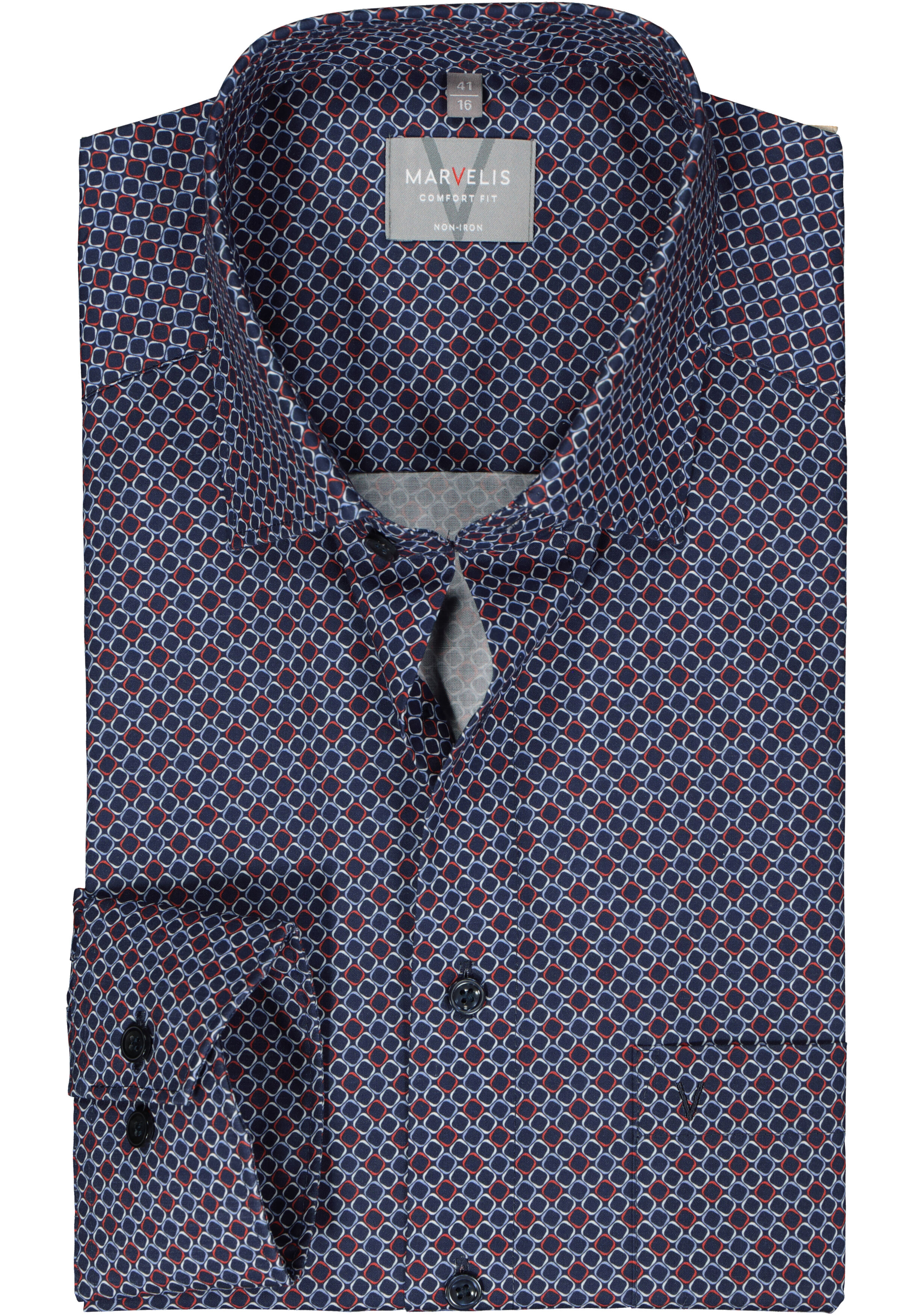 MARVELIS comfort fit overhemd, popeline, donkerblauw met rood, wit en lichtblauw dessin