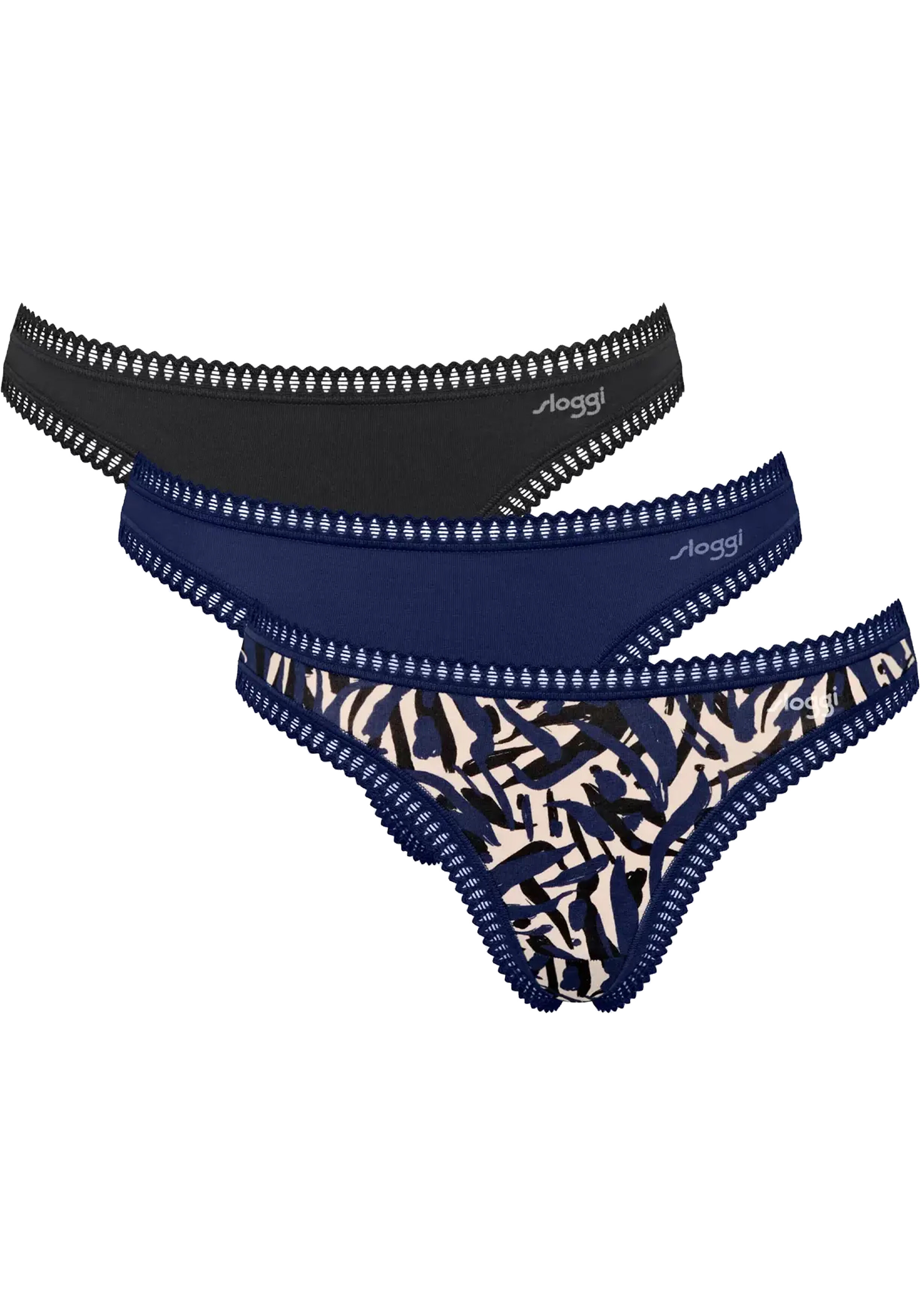 Sloggi Women GO Crush String (3-pack), dames string, zwart, blauw, print