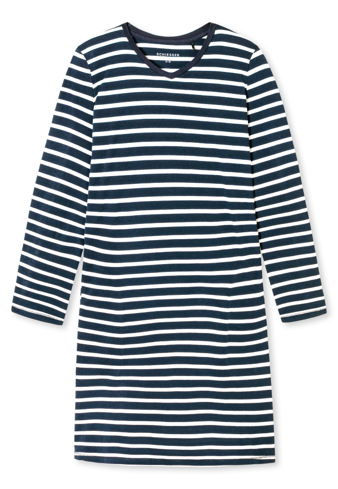 SCHIESSER dames Cotton Essentials Nachthemd lang, dames nachthemd, nachtblauw gestreept