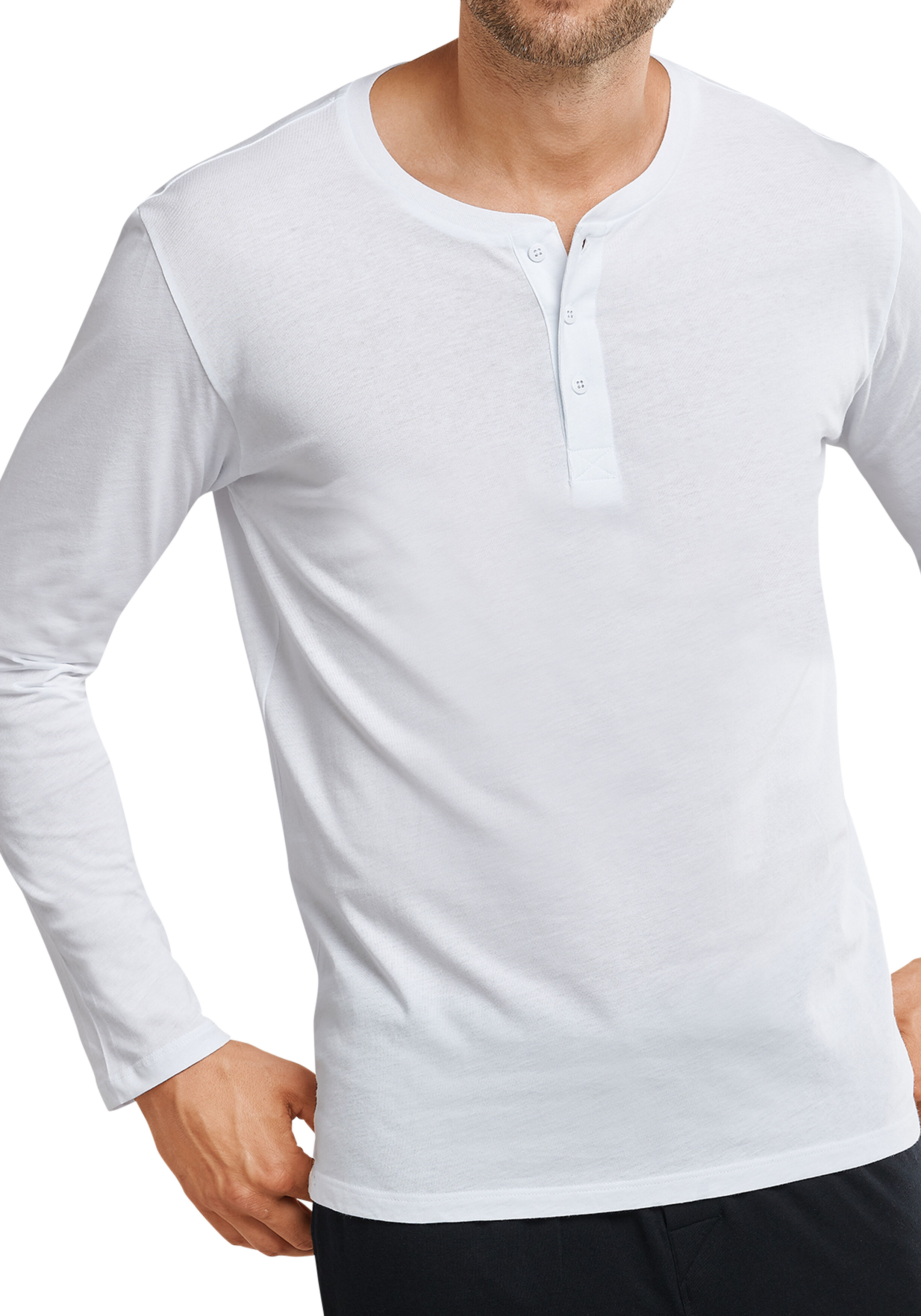SCHIESSER Mix+Relax T-shirt, lange mouw O-hals met knoopjes, wit