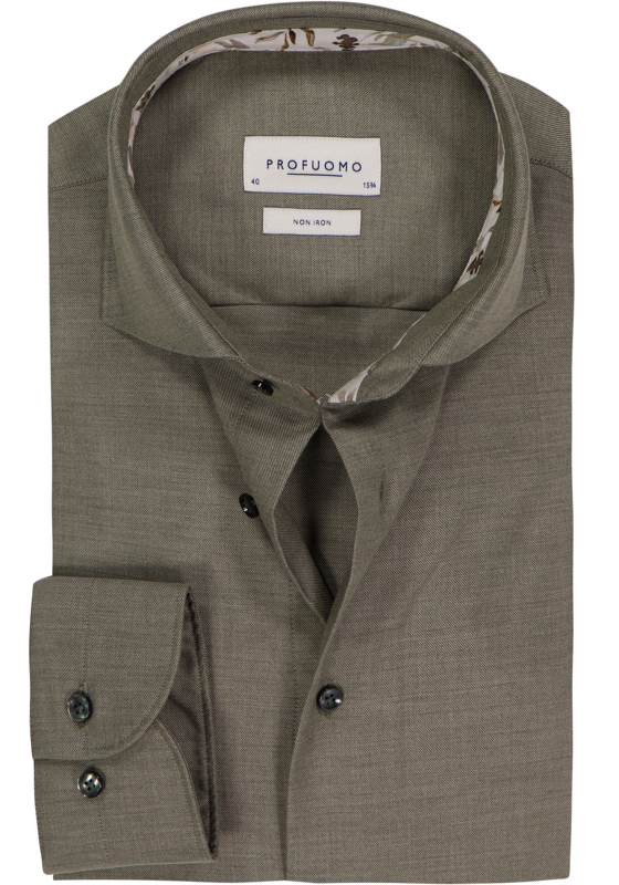 Profuomo slim fit heren overhemd, twill, olijfgroen melange Profuomo slim fit heren overhemd, twill, olijfgroen melange
