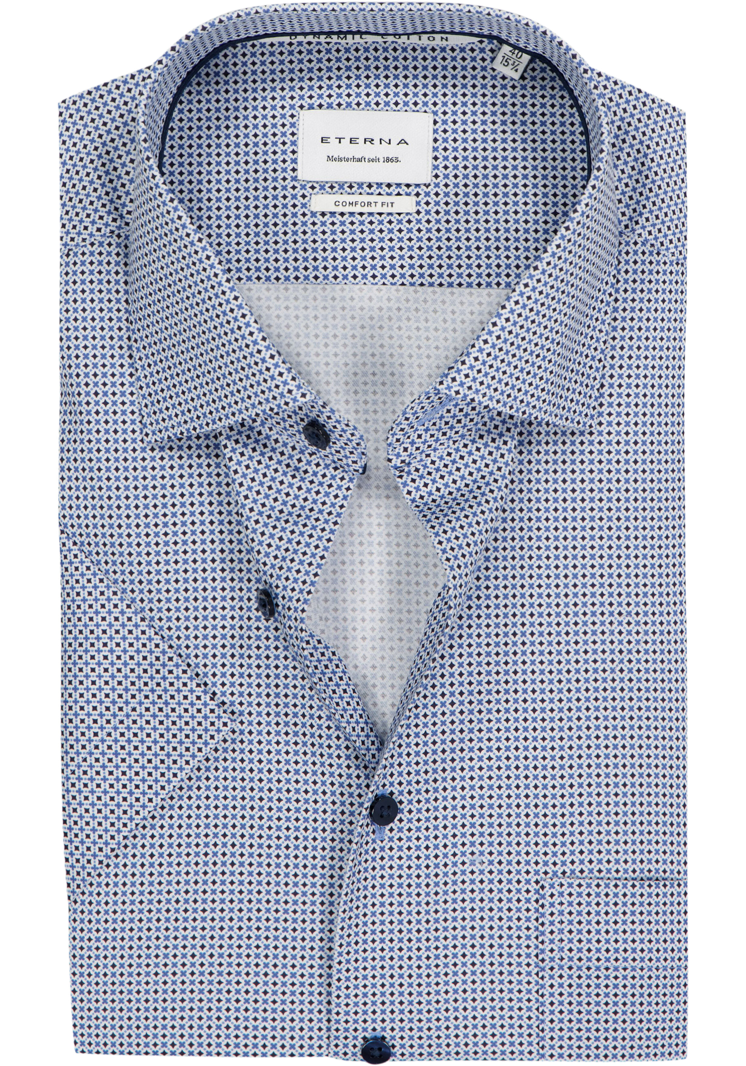 ETERNA comfort fit overhemd korte mouw, twill, wit met licht- en donkerblauw dessin