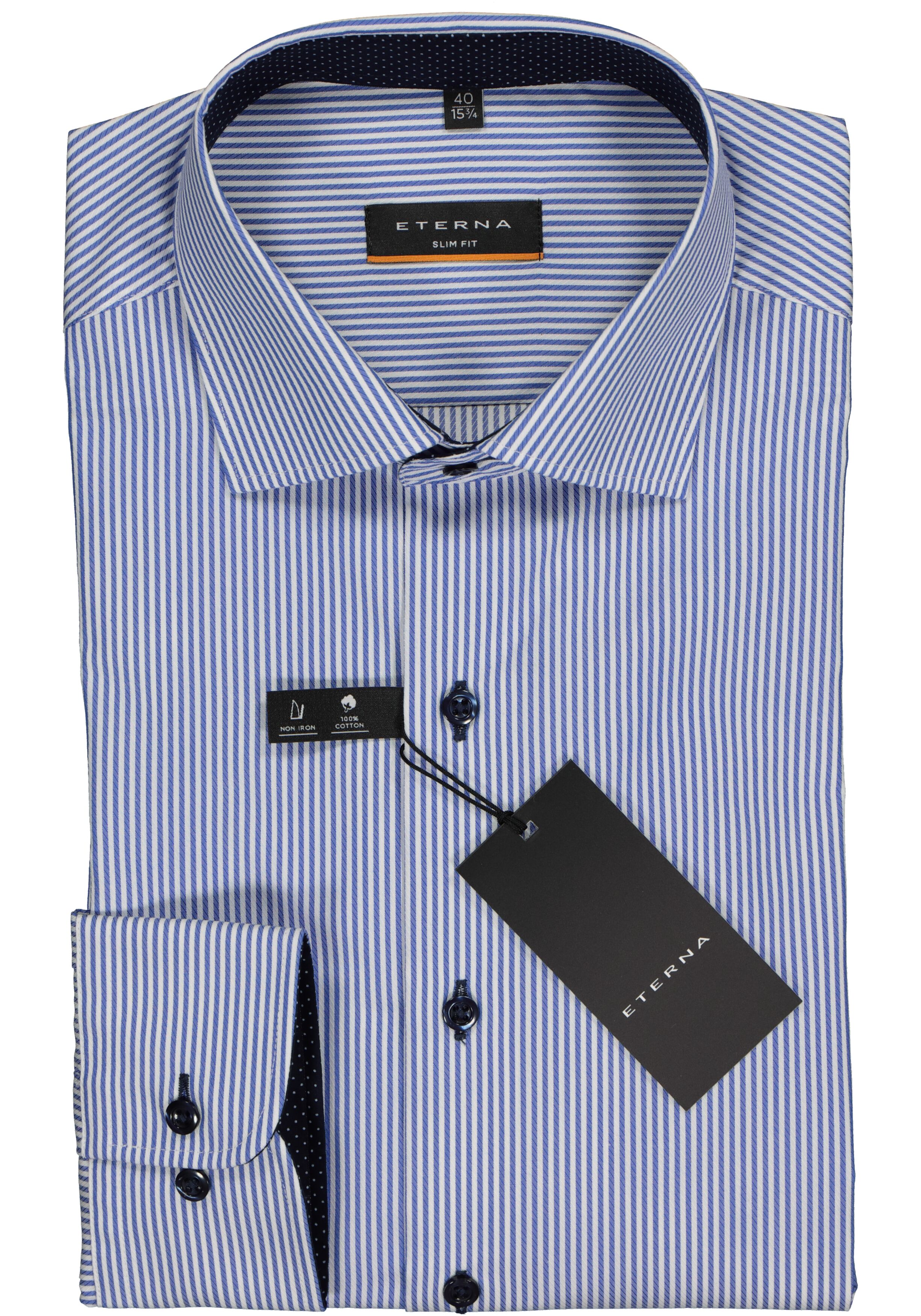 ETERNA slim fit overhemd, twill heren overhemd, blauw met wit gestreept (blauw contrast)
