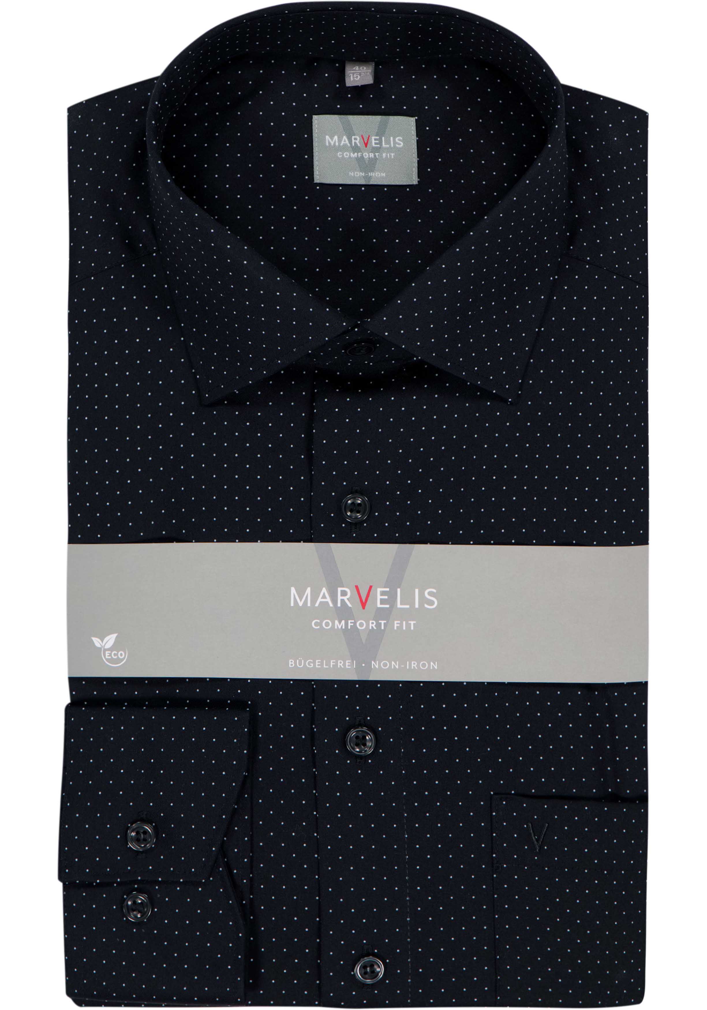 MARVELIS comfort fit overhemd, popeline, zwart met wit gestipt dessin